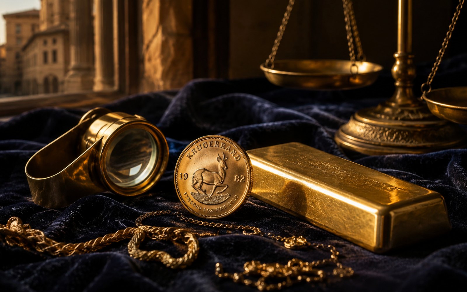 Schwere Goldkette, Münsteraner Bürger-Siegelring und Krügerrand-Münze auf einer Walnuss-Schreibtischplatte in Münster-Gievenbeck, Bewertungs-Lupe daneben, Tageslicht durch Sprossenfenster.