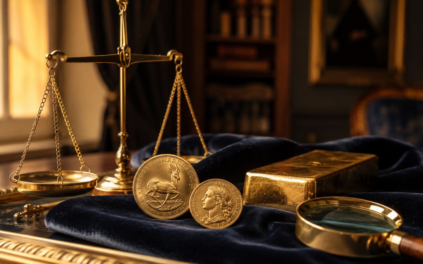 Schwere Goldkette, gravierter Trauring und Sovereign-Goldmünze auf einer Schreibtischplatte in einem Neusser Haus nahe dem Quirinus-M&uuml;nster, Bewertungs-Lupe daneben.