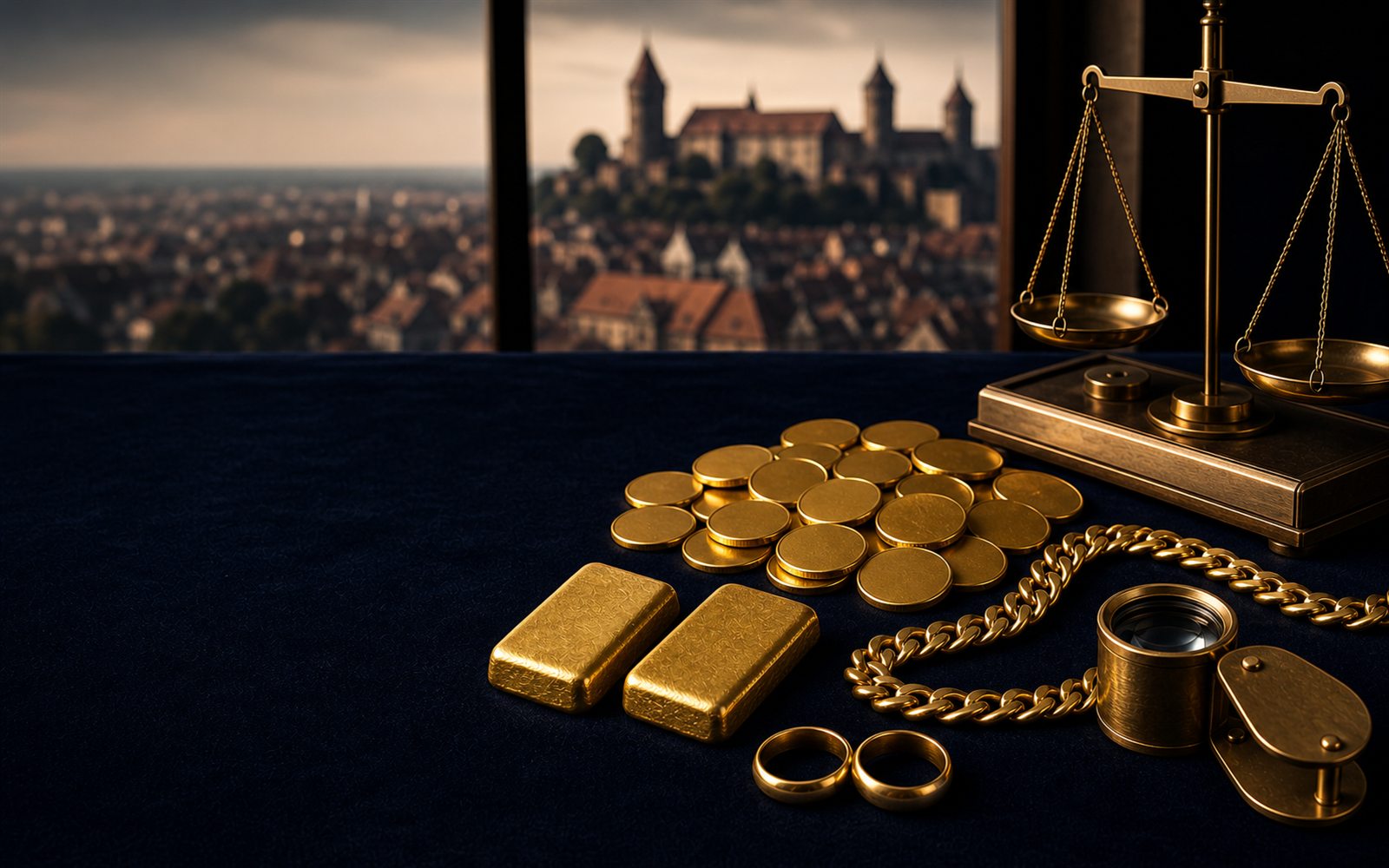 Goldbarren, Goldm&uuml;nzen und 750er Goldkette auf dunklem Samt, daneben Juwelierslupe und Feinwaage, im Hintergrund die Silhouette der Kaiserburg &ndash; Goldankauf in N&uuml;rnberg