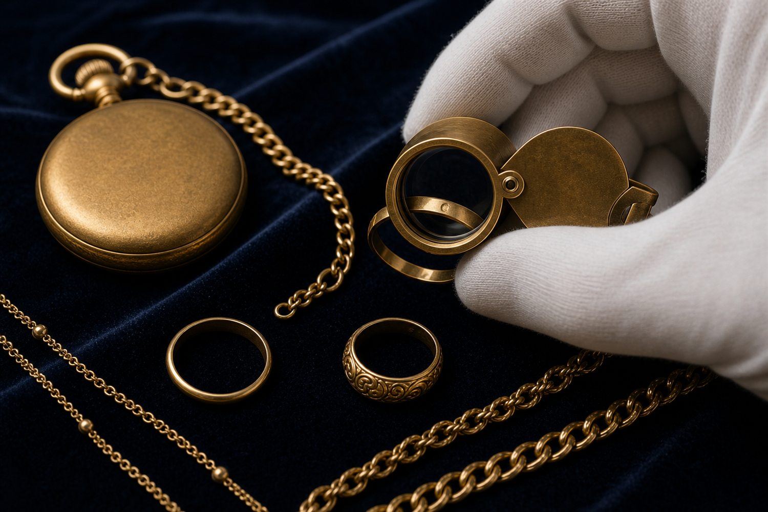 Wei&szlig; behandschuhte Hand pr&uuml;ft mit der Lupe die Punze eines Goldrings, daneben Goldketten und eine Taschenuhr auf Samt &ndash; Goldbewertung in N&uuml;rnberg