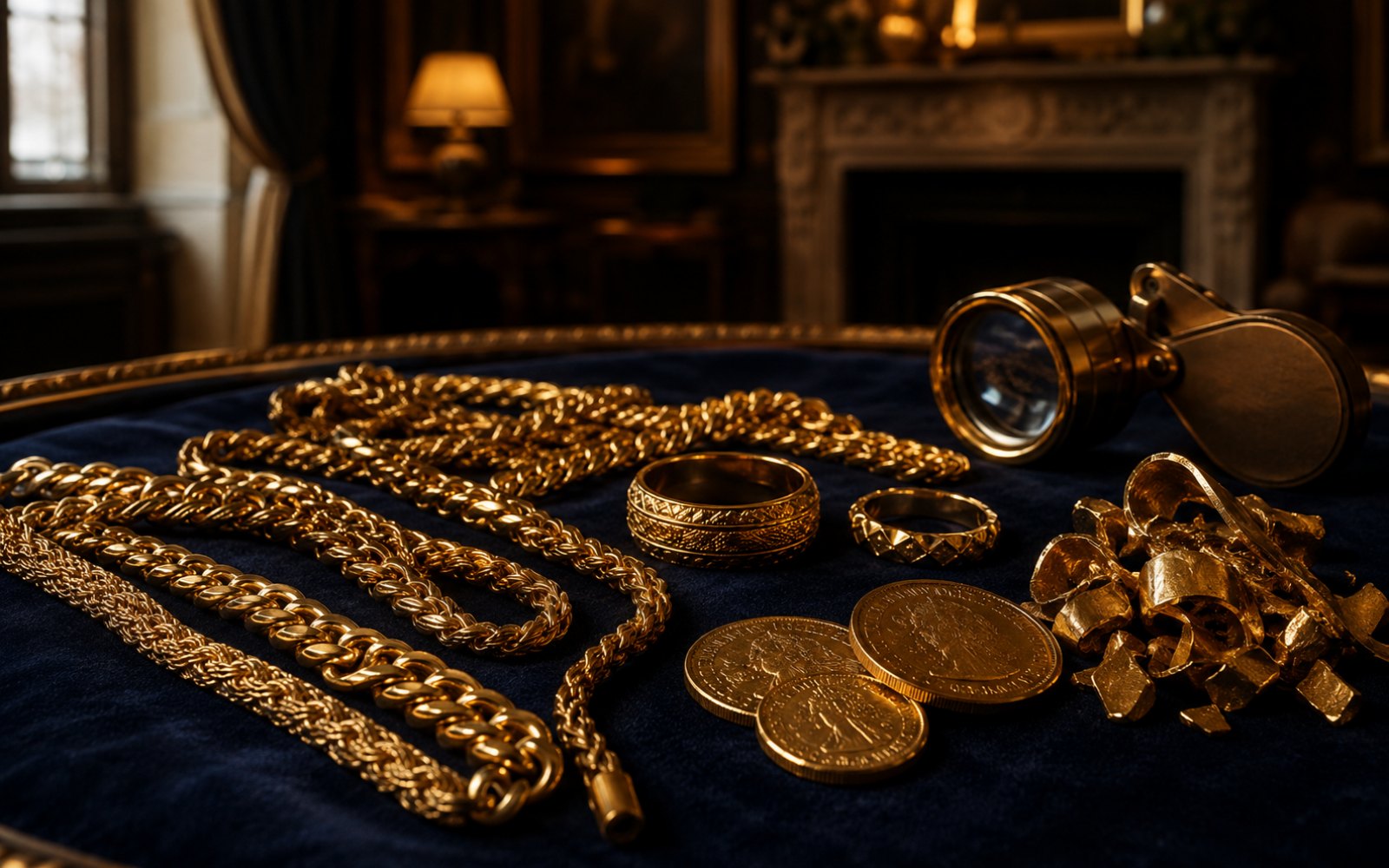 Vintage-Goldarmband und Krügerrand-Münze auf einem Bewertungs-Tableau in einer Sterkrader Wohnung, daneben ein vorgelegter handschriftlicher Bewertungs-Beleg.