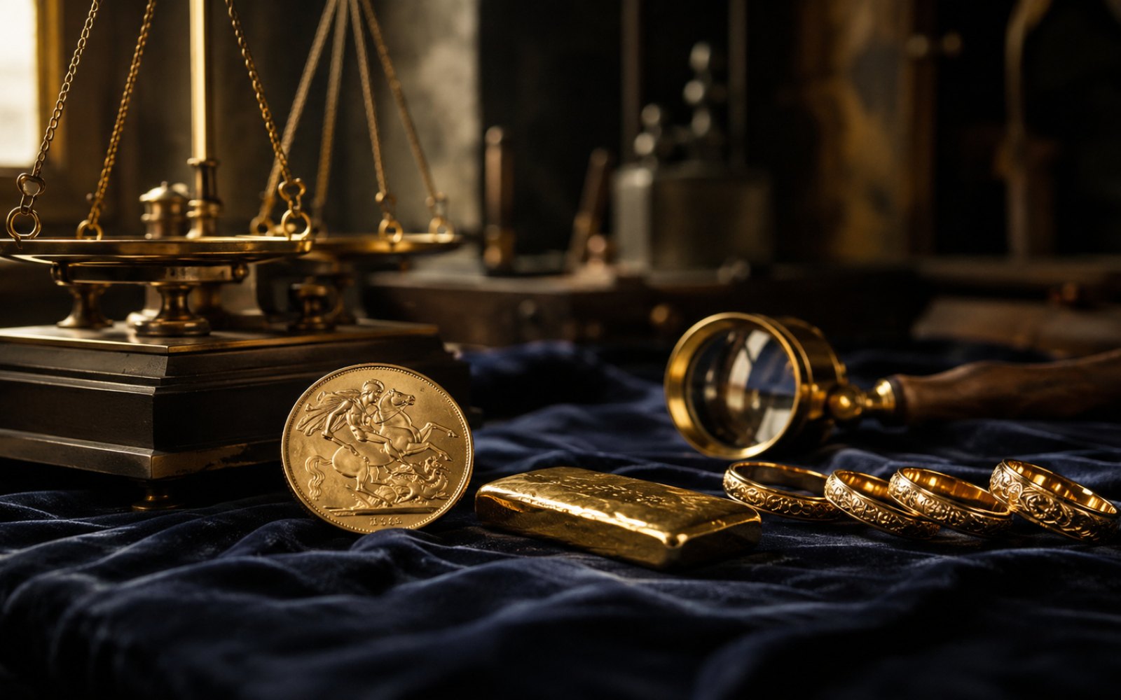Schwere Goldkette, Offenbacher Fabrikanten-Siegelring und Kruegerrand-Muenze auf einer Schreibtischplatte, fotografiert fuer die Bewertung aus Offenbach-Bieber, Bewertungs-Lupe daneben.