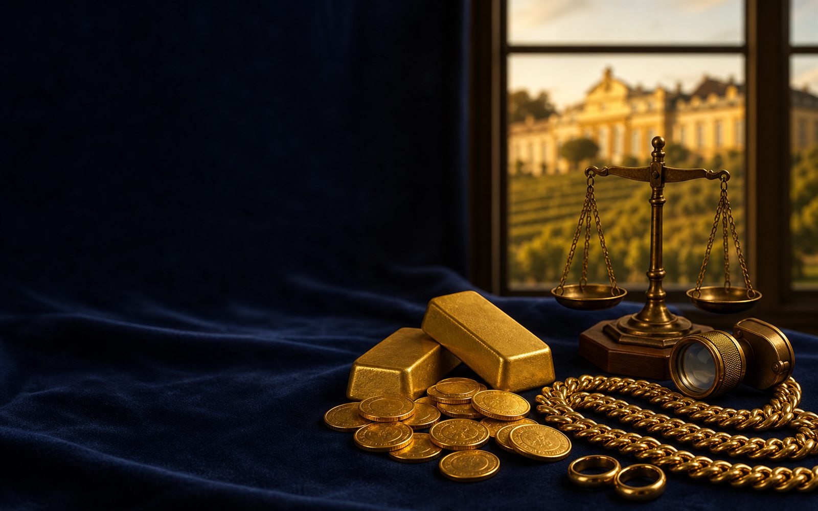 Goldbarren, Goldm&uuml;nzen und 750er Goldkette auf dunklem Samt, daneben Juwelierslupe und Feinwaage, im Hintergrund eine Sanssouci-artige Schlosssilhouette &ndash; Goldankauf in Potsdam