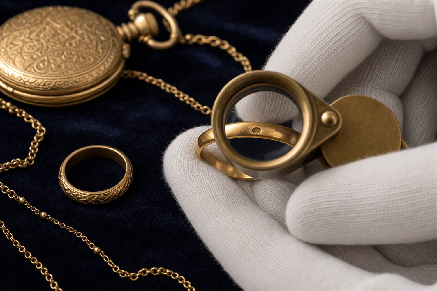 Wei&szlig; behandschuhte Hand pr&uuml;ft mit der Lupe die Punze eines Goldrings, daneben Goldketten und eine Taschenuhr auf Samt &ndash; Goldbewertung in Potsdam