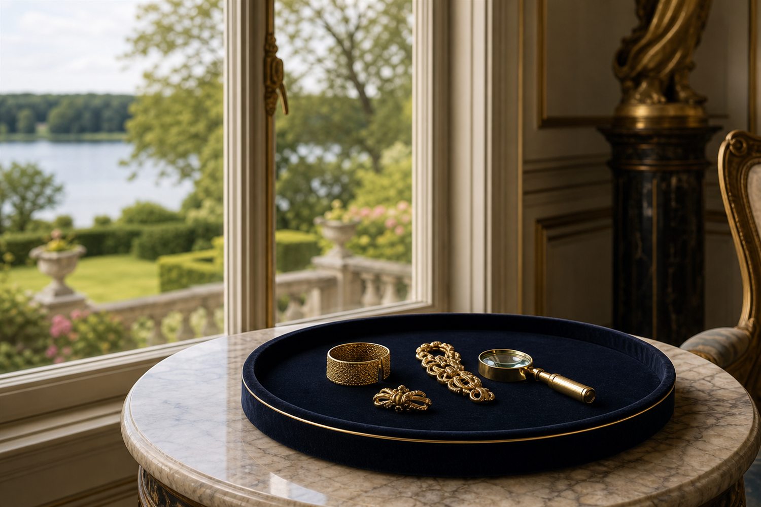 Marmortisch am Fenster einer Potsdamer Villa in der Berliner Vorstadt mit Samttablett, Goldst&uuml;cken und Lupe, Blick auf Villeng&auml;rten am See &ndash; Hausbesuch Goldankauf Potsdam