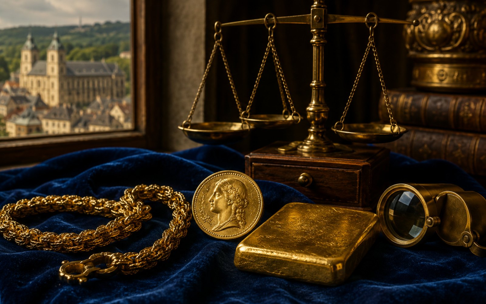 Schwere Goldkette, gravierter Siegelring und Krügerrand-Münze auf einer Schreibtischplatte in einer Ratinger Villa in Hösel, Bewertungs-Lupe daneben.