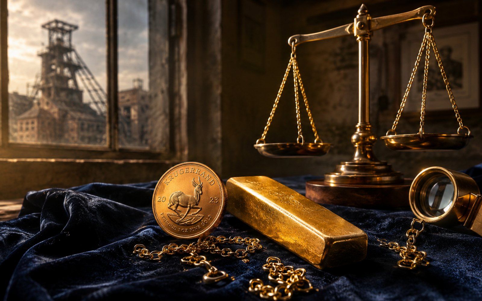 Schwere Goldkette, gravierter Siegelring und Krügerrand-Münze auf einer Eichen-Schreibtischplatte in einem Remscheider Haus in Lennep, Bewertungs-Lupe daneben, Tageslicht durch Sprossenfenster.