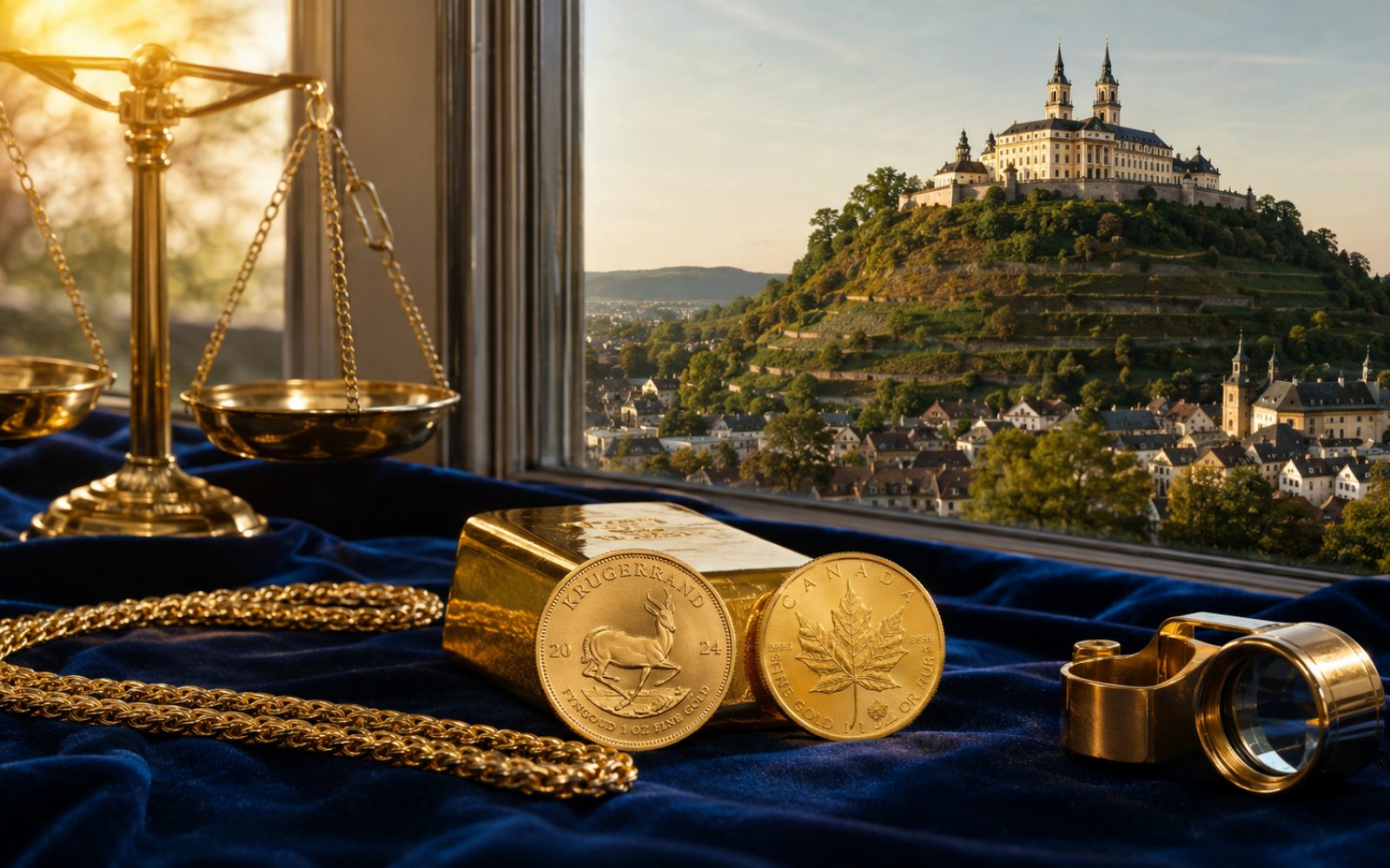 Schwere Goldkette, gravierter Trauring und Sovereign-Goldmünze auf einer Schreibtischplatte in einem Siegburger Haus nahe dem Michaelsberg, Bewertungs-Lupe daneben.