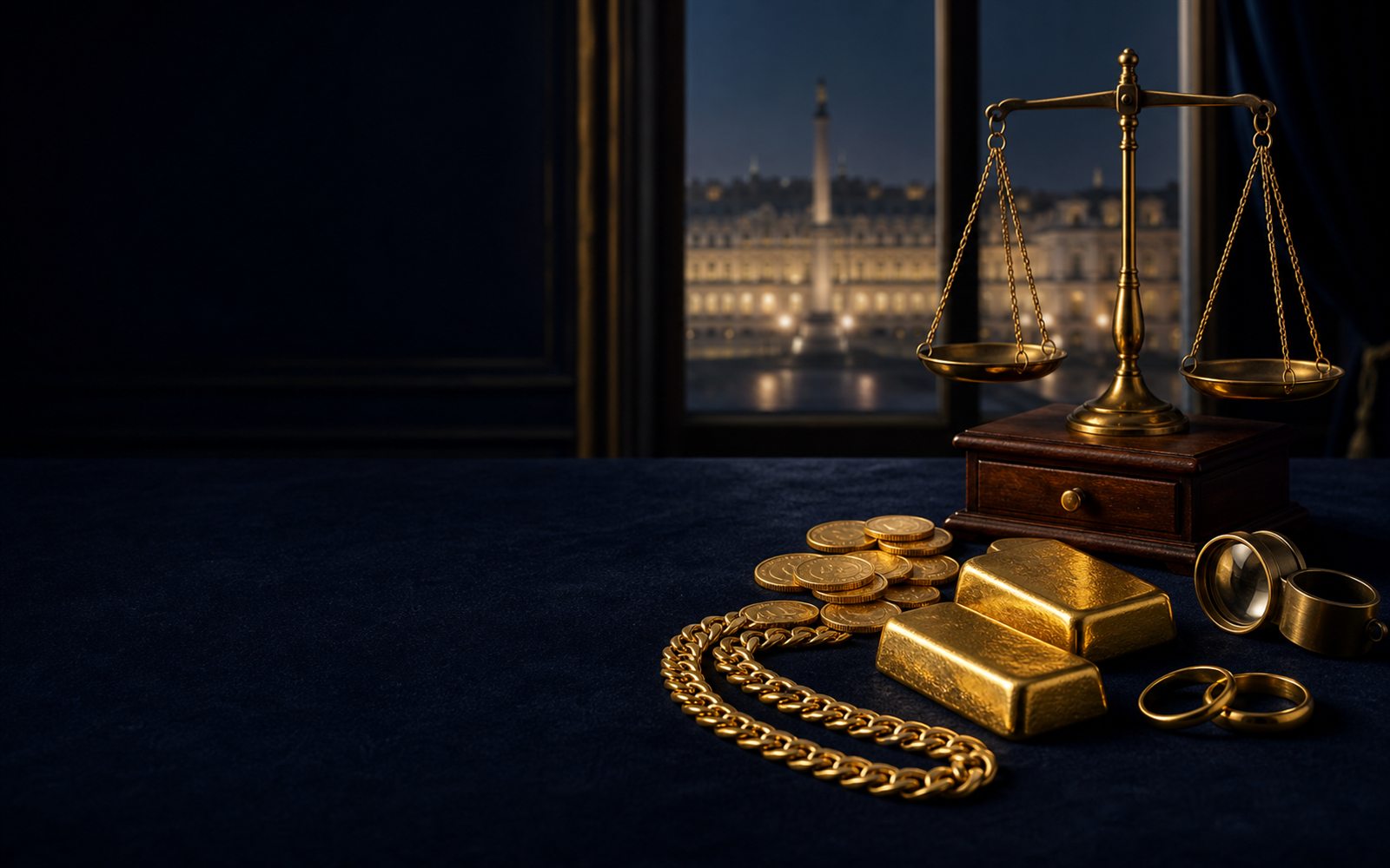 Goldbarren, Goldm&uuml;nzen und 750er Goldkette auf dunklem Samt, daneben Juwelierslupe und Feinwaage, im Hintergrund die Silhouette des Neuen Schlosses am Schlossplatz &ndash; Goldankauf in Stuttgart