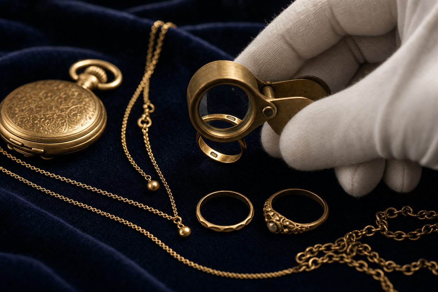 Wei&szlig; behandschuhte Hand pr&uuml;ft mit der Lupe die Punze eines Goldrings, daneben Goldketten und eine Taschenuhr auf Samt &ndash; Goldbewertung in Stuttgart