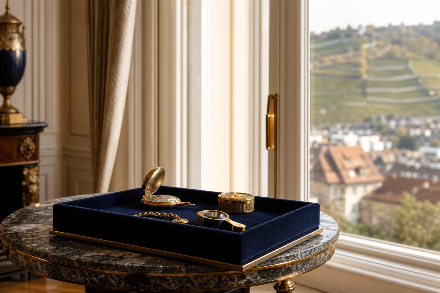 Marmortisch am Fenster einer Stuttgarter Villa in Halbh&ouml;henlage mit Samttablett, Goldst&uuml;cken und Lupe, Blick auf Weinberge und Stadtkessel &ndash; Hausbesuch Goldankauf Stuttgart