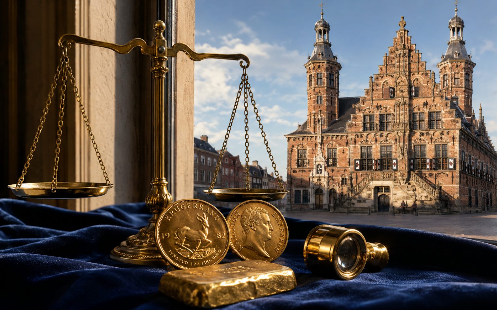 Schwere Goldkette, Bruchgold und Krügerrand-Münze auf einem Bewertungs-Tableau, deutschsprachiger Goldankauf in der Grenzregion Venlo am Niederrhein, Lupe daneben.