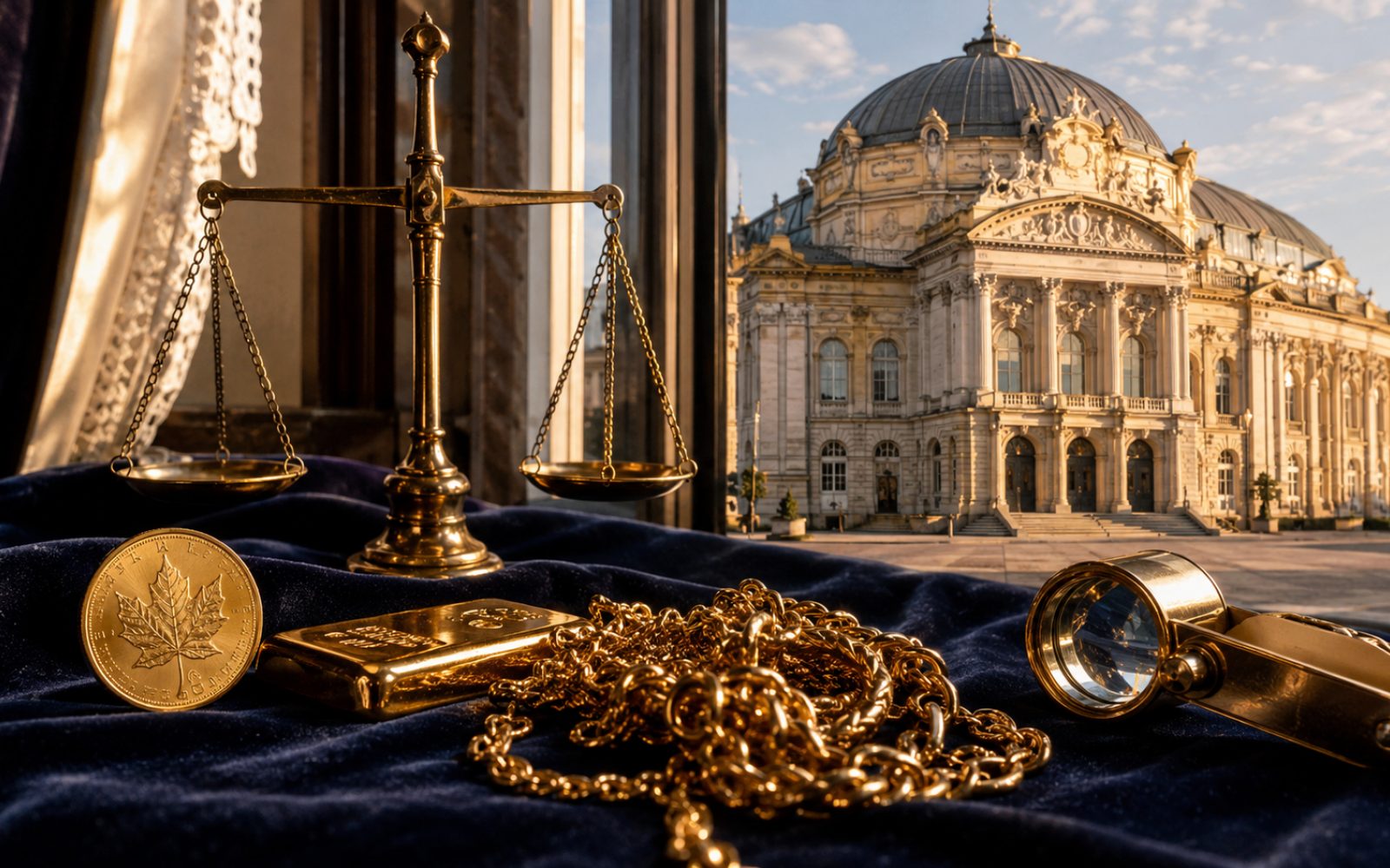 Schwere Goldkette, gravierter Trauring und Krügerrand-Münze auf einer Schreibtischplatte in einem Viersener Haus in D&uuml;lken, Bewertungs-Lupe daneben, Tageslicht durch Sprossenfenster.