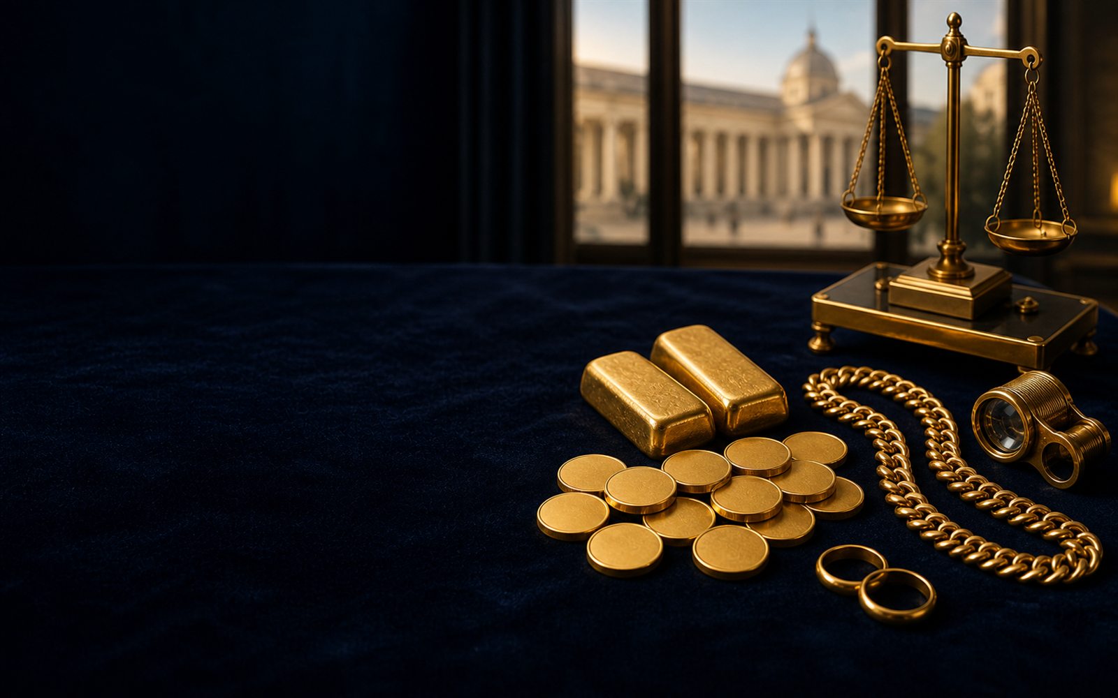 Goldbarren, Goldm&uuml;nzen und 750er Goldkette auf dunklem Samt, daneben Juwelierslupe und Feinwaage, im Hintergrund die Silhouette des Wiesbadener Kurhauses &ndash; Goldankauf in Wiesbaden