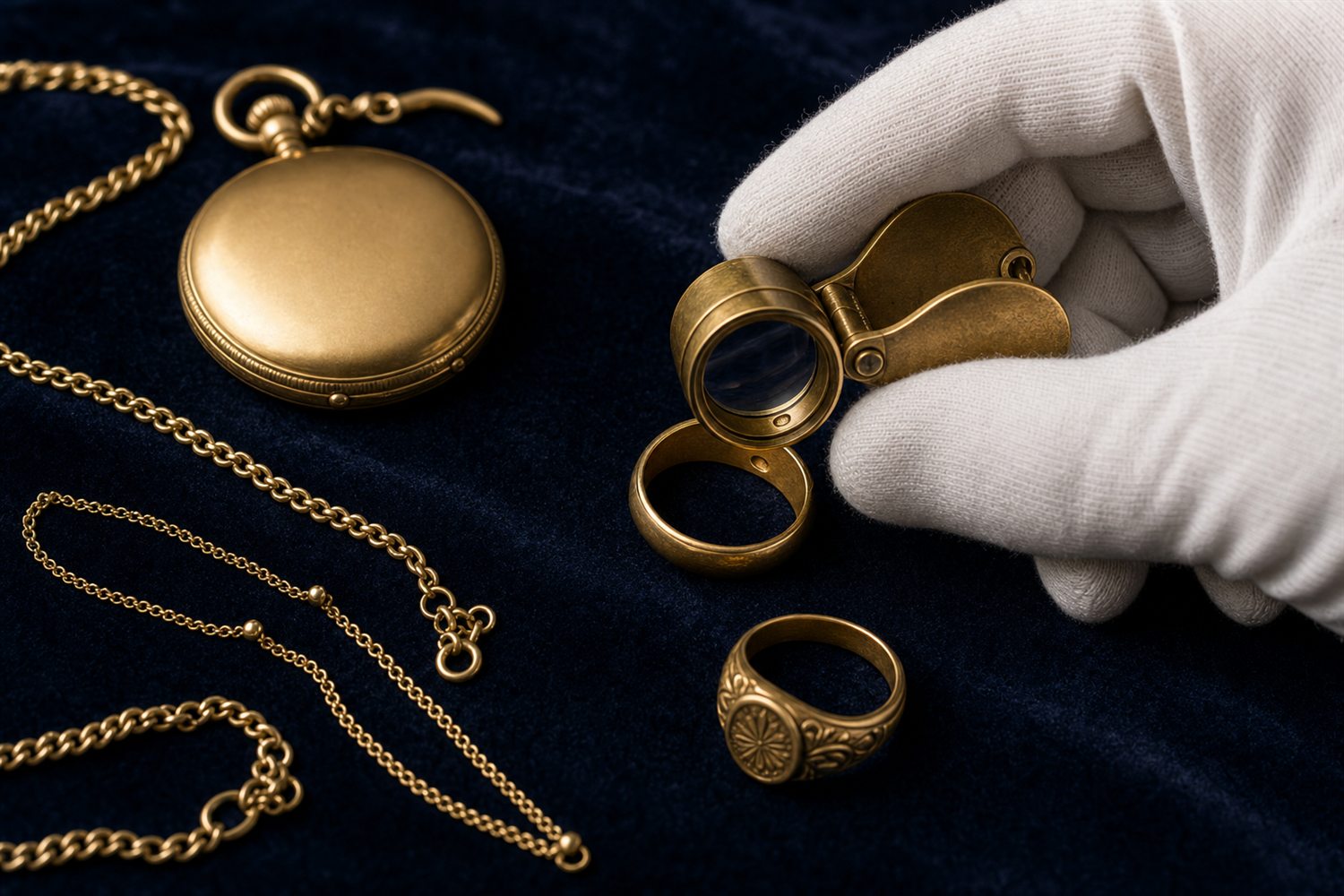 Wei&szlig; behandschuhte Hand pr&uuml;ft mit der Lupe die Punze eines Goldrings, daneben Goldketten und eine Taschenuhr auf Samt &ndash; Goldbewertung in Wiesbaden