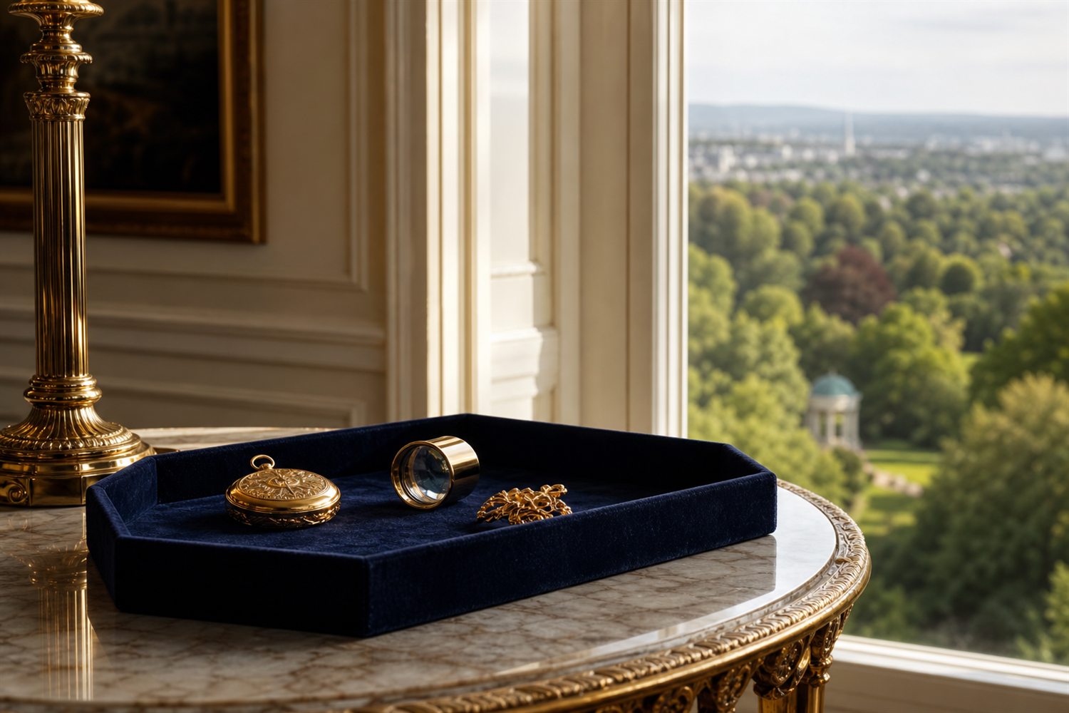 Marmortisch am Fenster einer Wiesbadener Gr&uuml;nderzeit-Villa am Nerotal mit Samttablett, Goldst&uuml;cken und Lupe, Blick auf bewaldete Villenh&auml;nge &ndash; Hausbesuch Goldankauf Wiesbaden