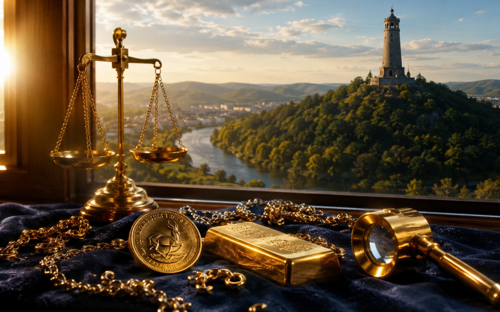 Schwere Goldkette, gravierter Bergmanns-Trauring und Krügerrand-Münze auf einer Schreibtischplatte in einem Wittener Haus in Bommern, Bewertungs-Lupe daneben.