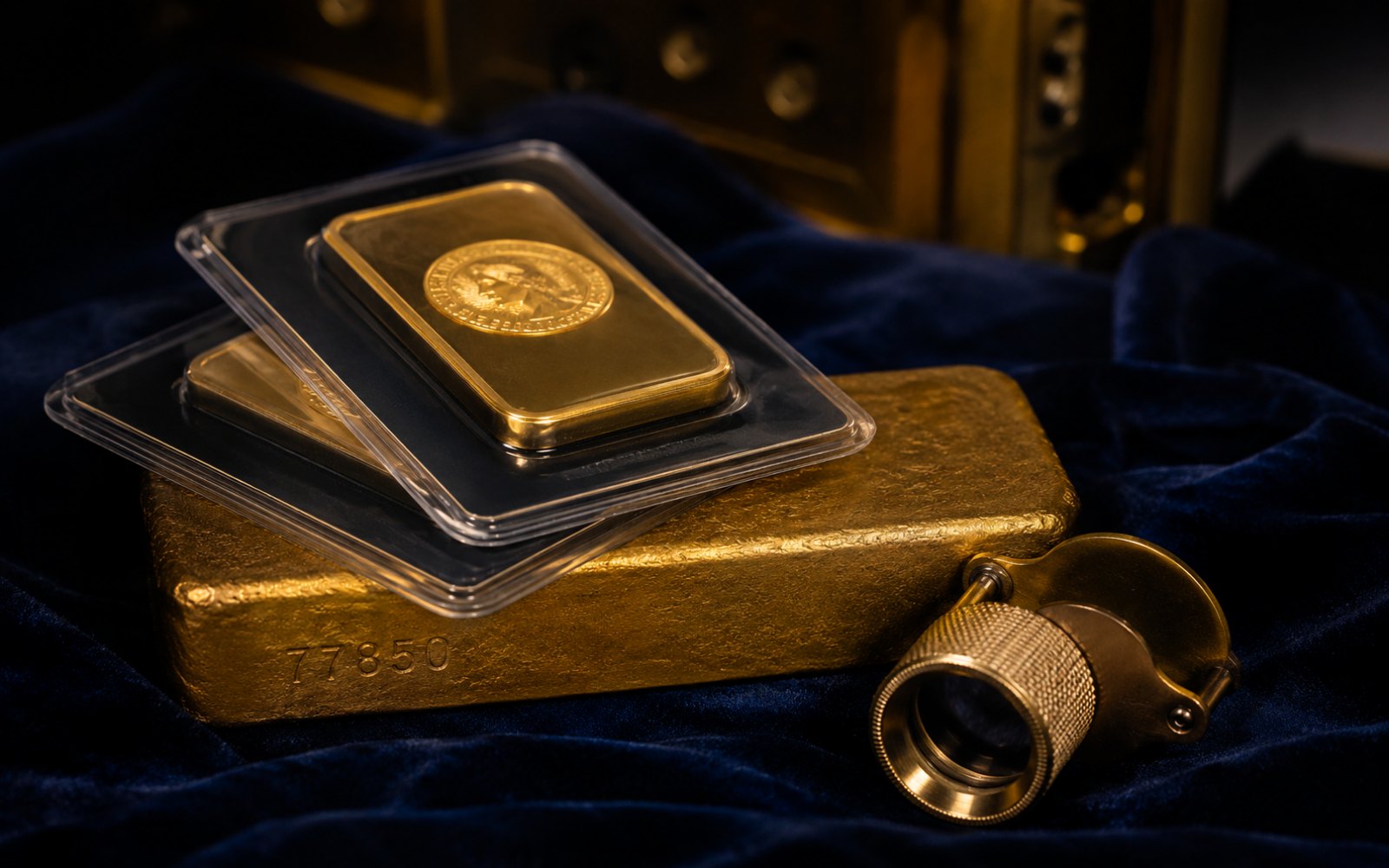Goldbarren 999,9 in Blister und gegossen auf blauem Samt mit Bewertungslupe