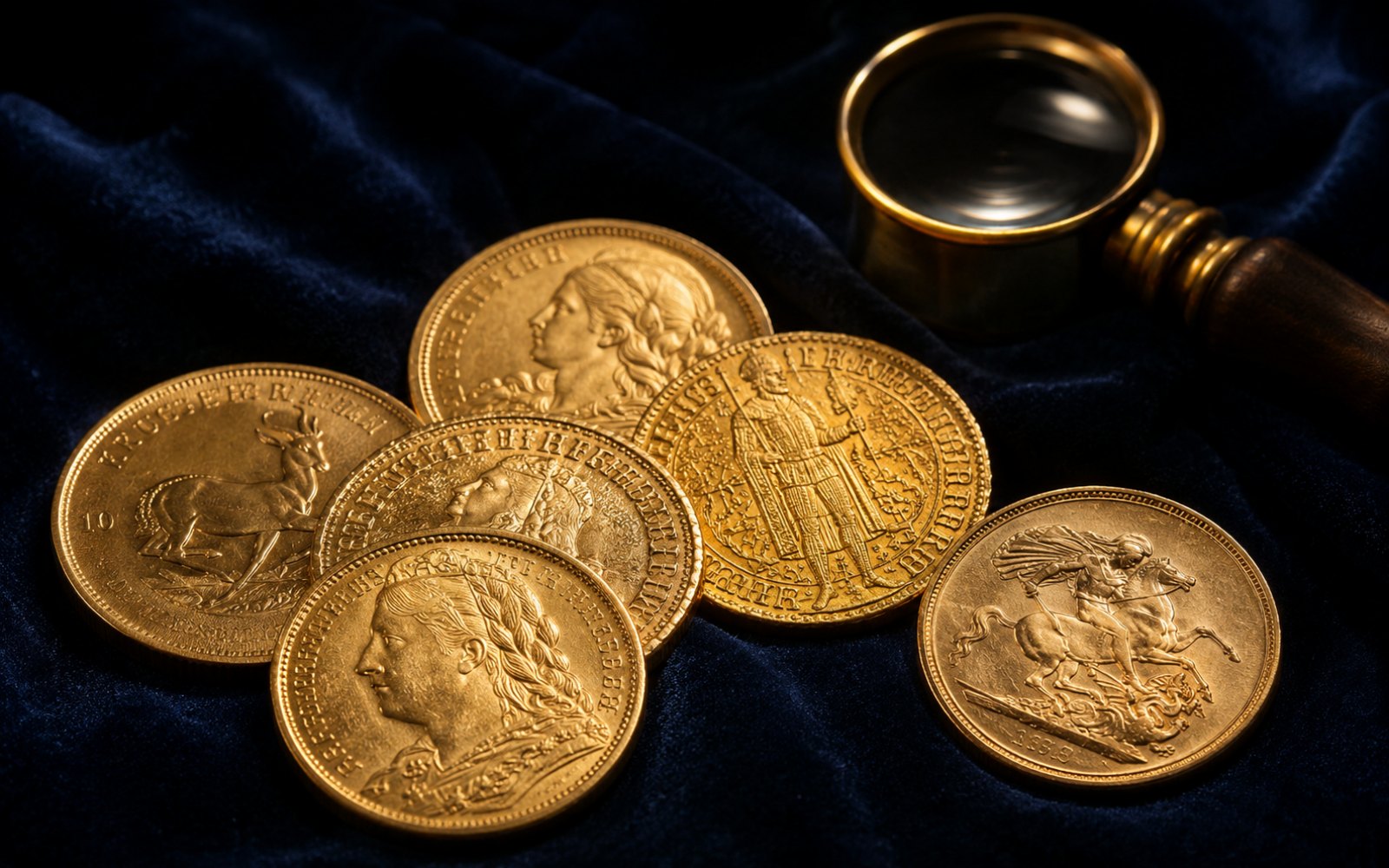 Goldm&uuml;nzen wie Vreneli, Dukat und Sovereign auf blauem Samt mit Bewertungslupe