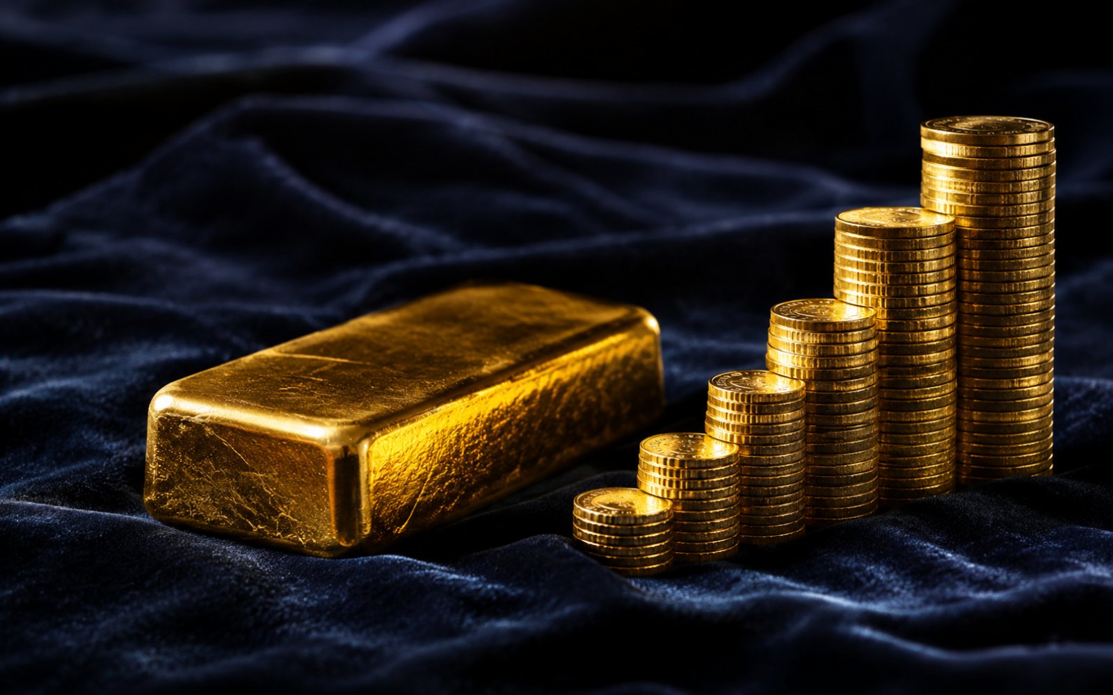 Goldbarren und ansteigende Stapel von Goldm&uuml;nzen auf blauem Samt
