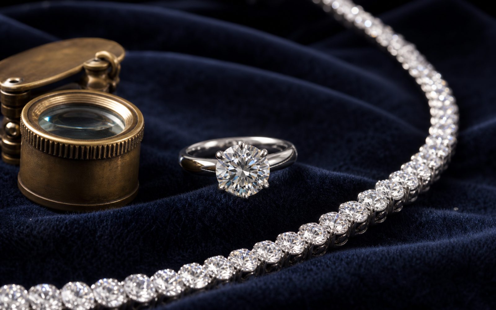 Graff Diamantcollier und Solit&auml;rring mit hochkar&auml;tigen Diamanten in Platin auf blauem Samt mit Lupe