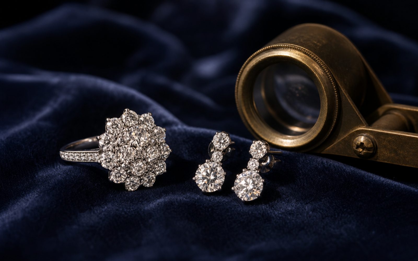 Harry Winston Diamant-Cluster-Ring und Ohrringe in Platin auf blauem Samt mit Lupe