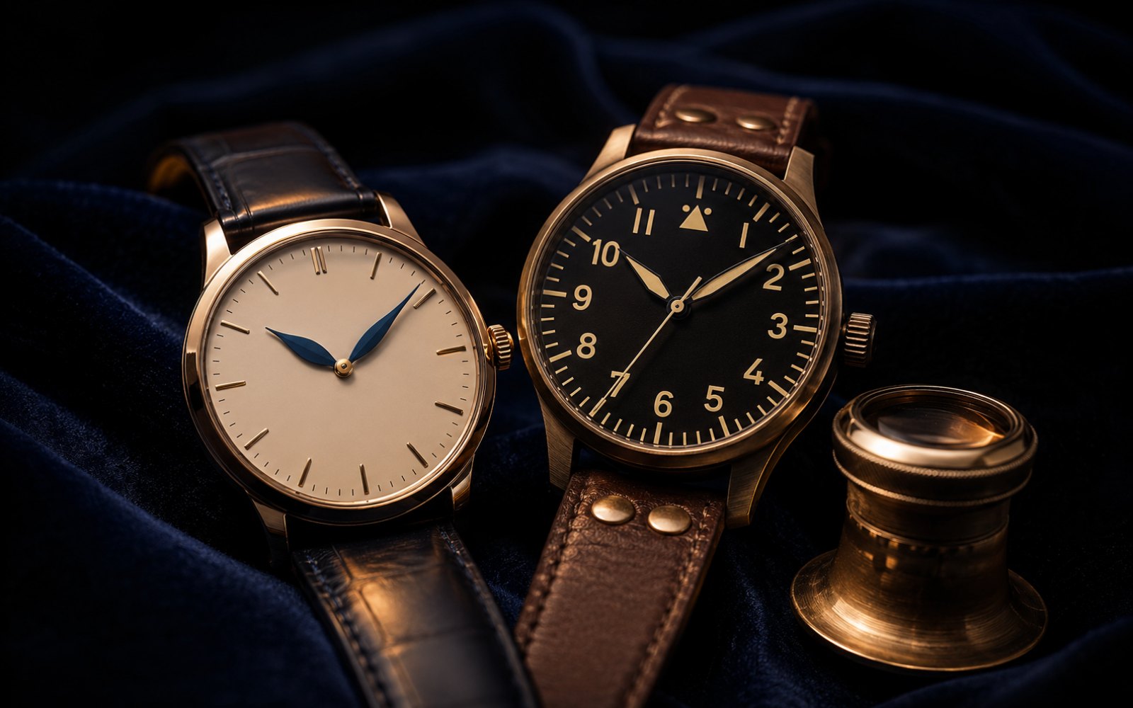 IWC Portugieser und Fliegeruhr in Gold auf blauem Samt mit Lupe