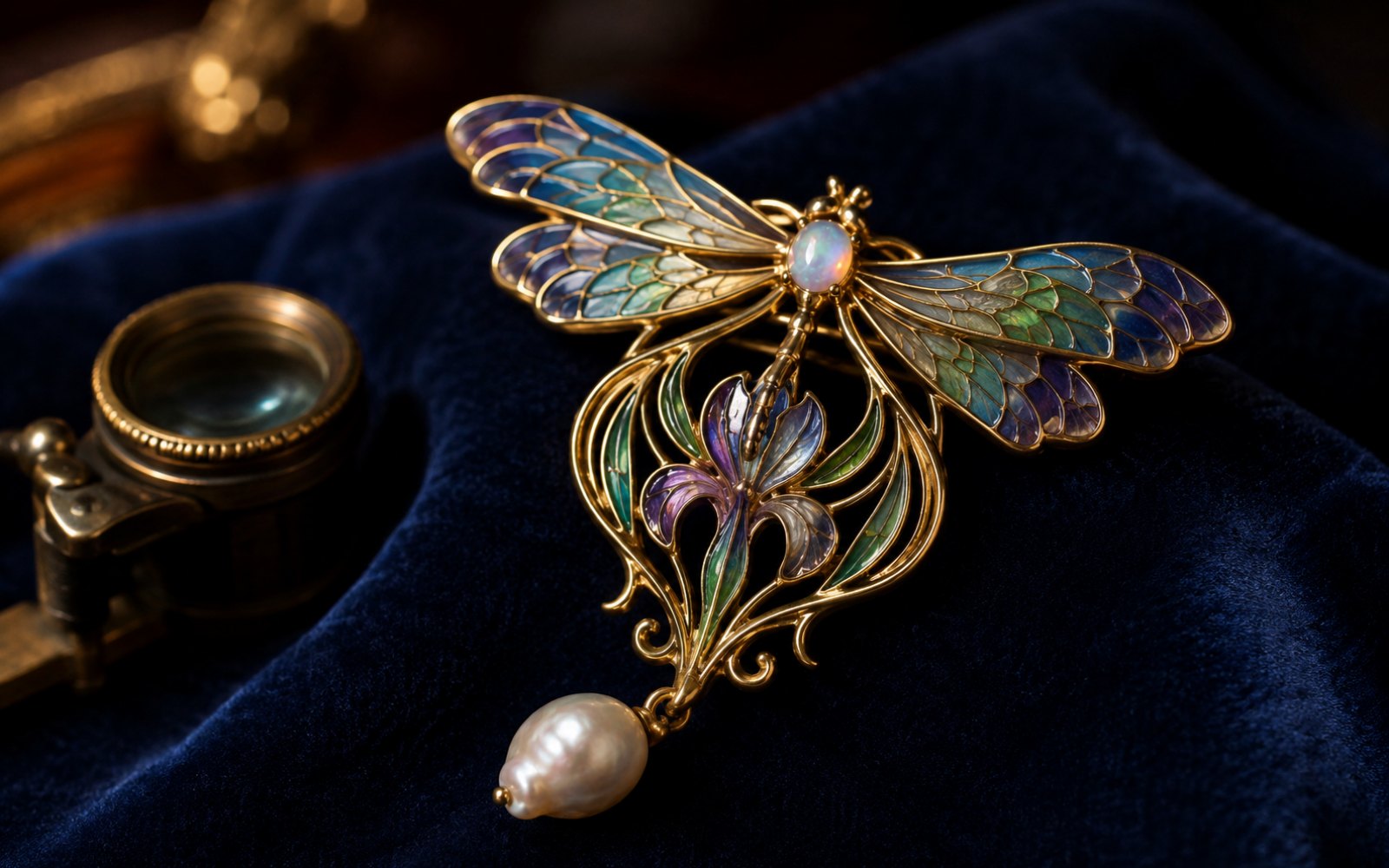 Jugendstil-Libellenbrosche mit Plique-&agrave;-jour-Email, Opal und Perle auf Samt