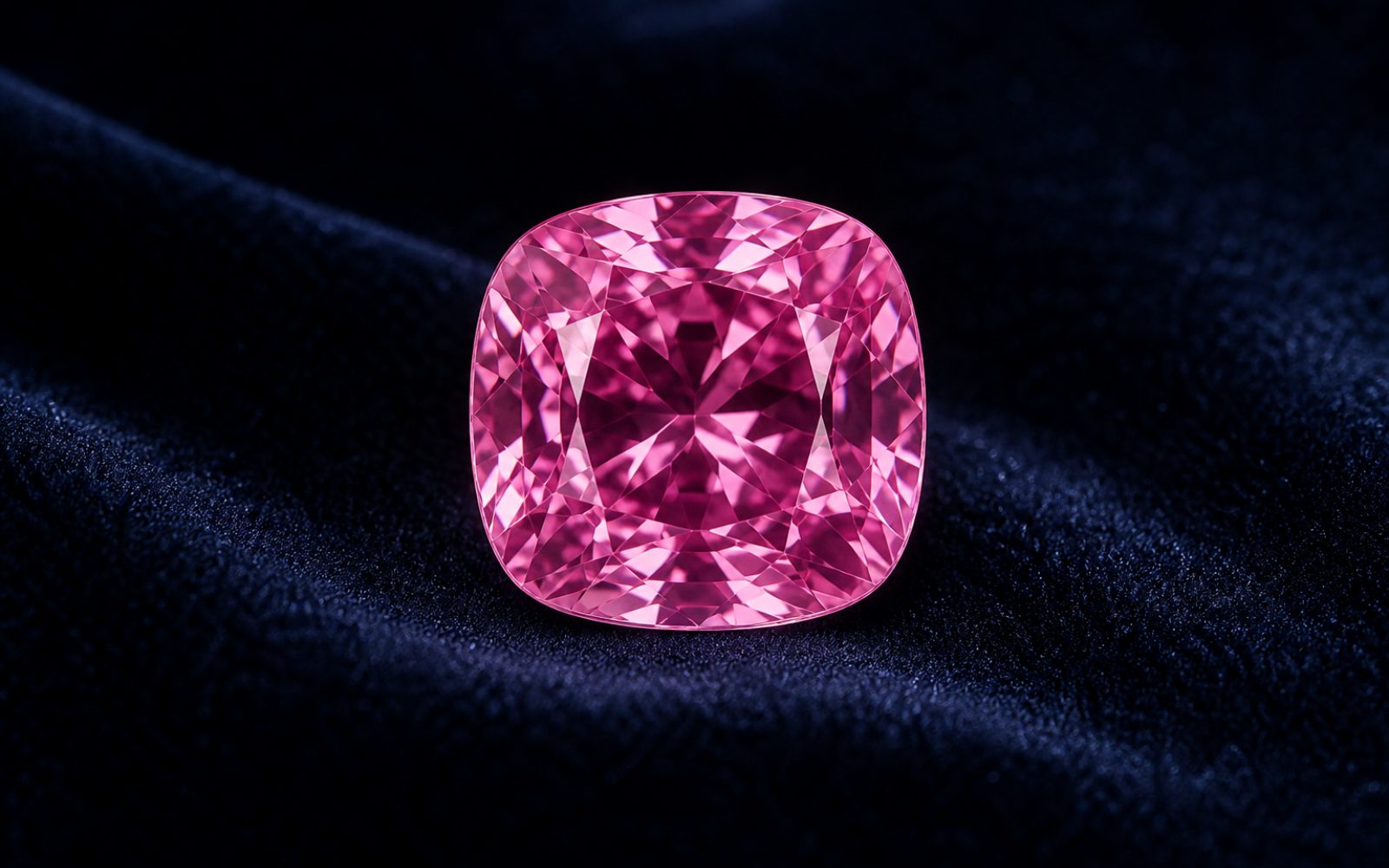 Pinker Saphir im Kissenschliff mit weichen Ecken auf dunkelblauem Samt