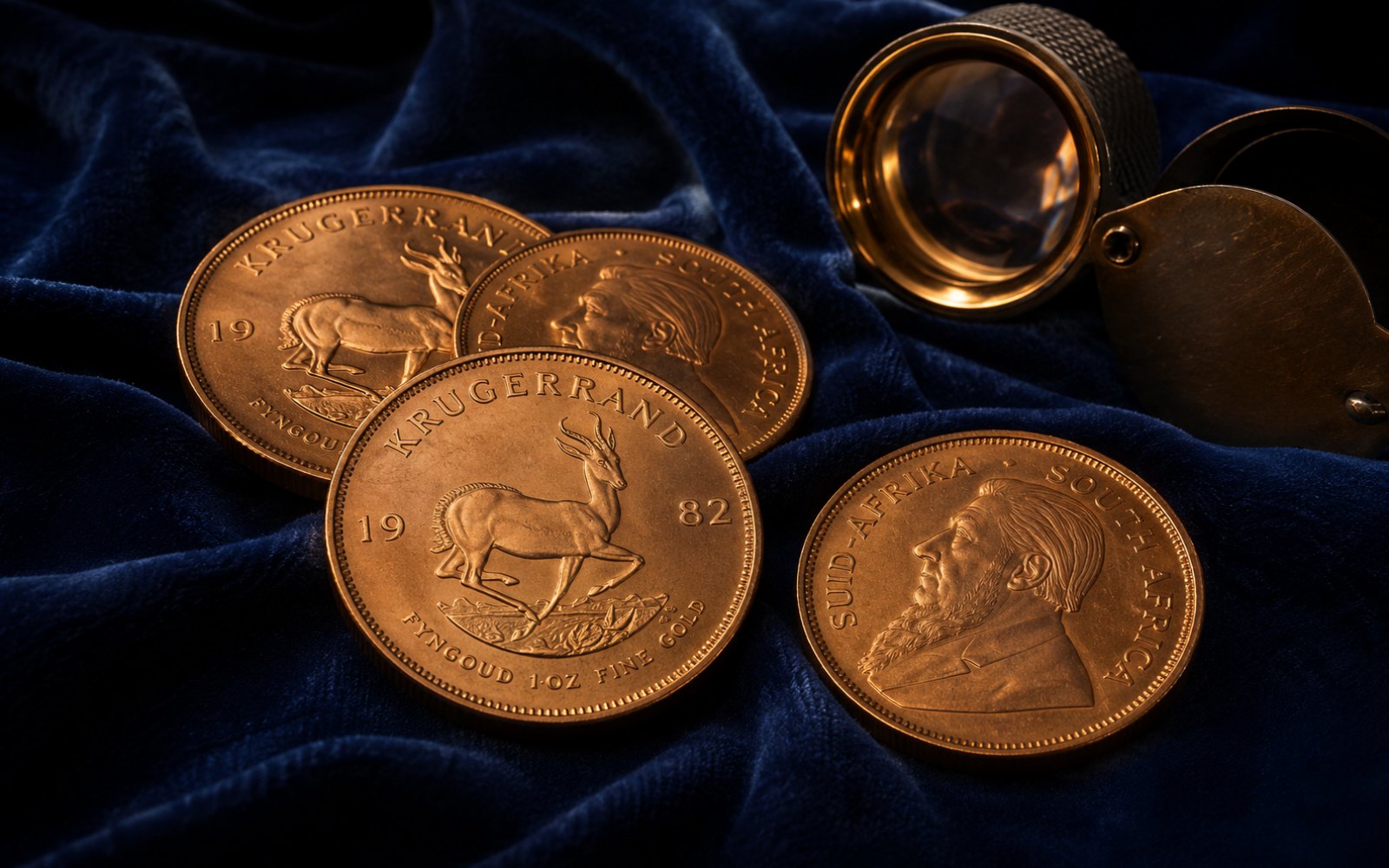 Goldmünzen Krügerrand mit Springbock und Paul-Kruger-Porträt auf blauem Samt mit Bewertungslupe