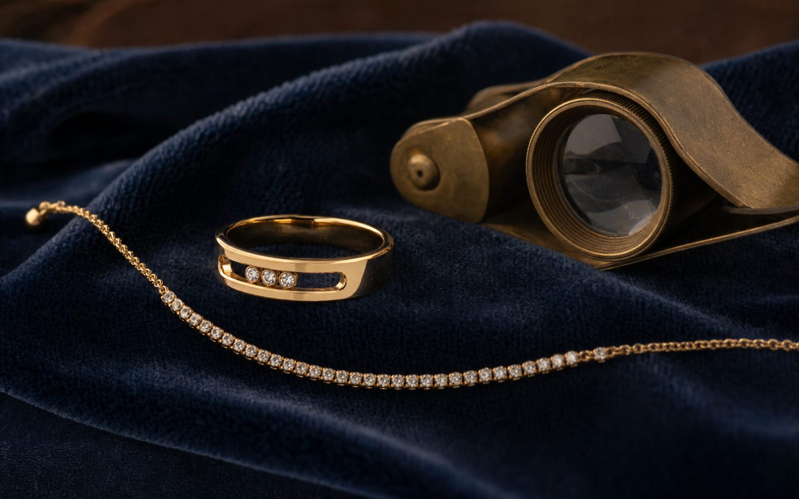 Messika Move-Ring mit beweglichen Diamanten und Skinny-Armband in Gold auf blauem Samt mit Lupe