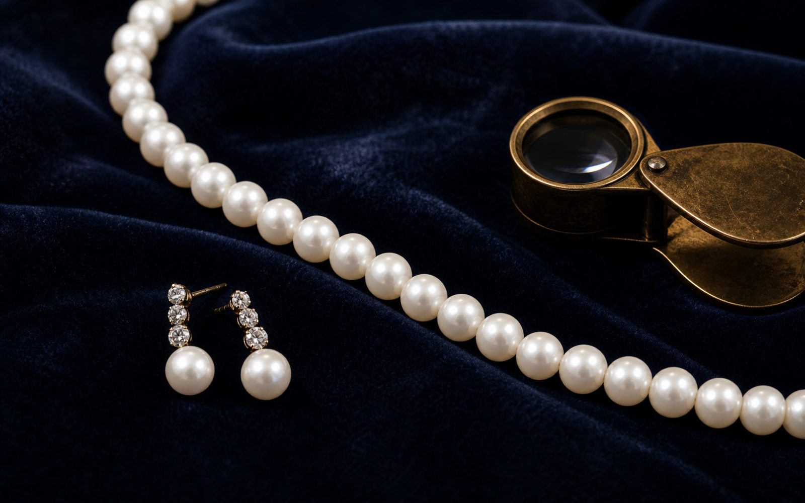 Mikimoto Akoya-Perlencollier und Perlenohrringe mit Diamanten auf blauem Samt mit Lupe
