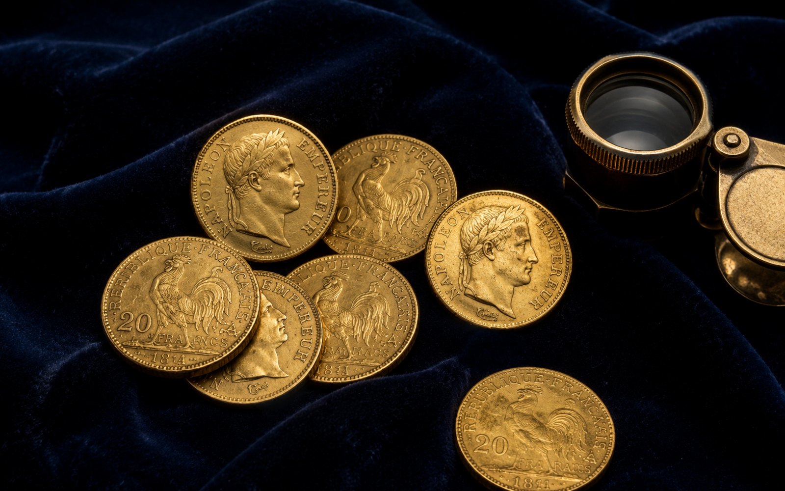 Französische Napoleon 20-Franc-Goldmünzen auf blauem Samt mit Lupe