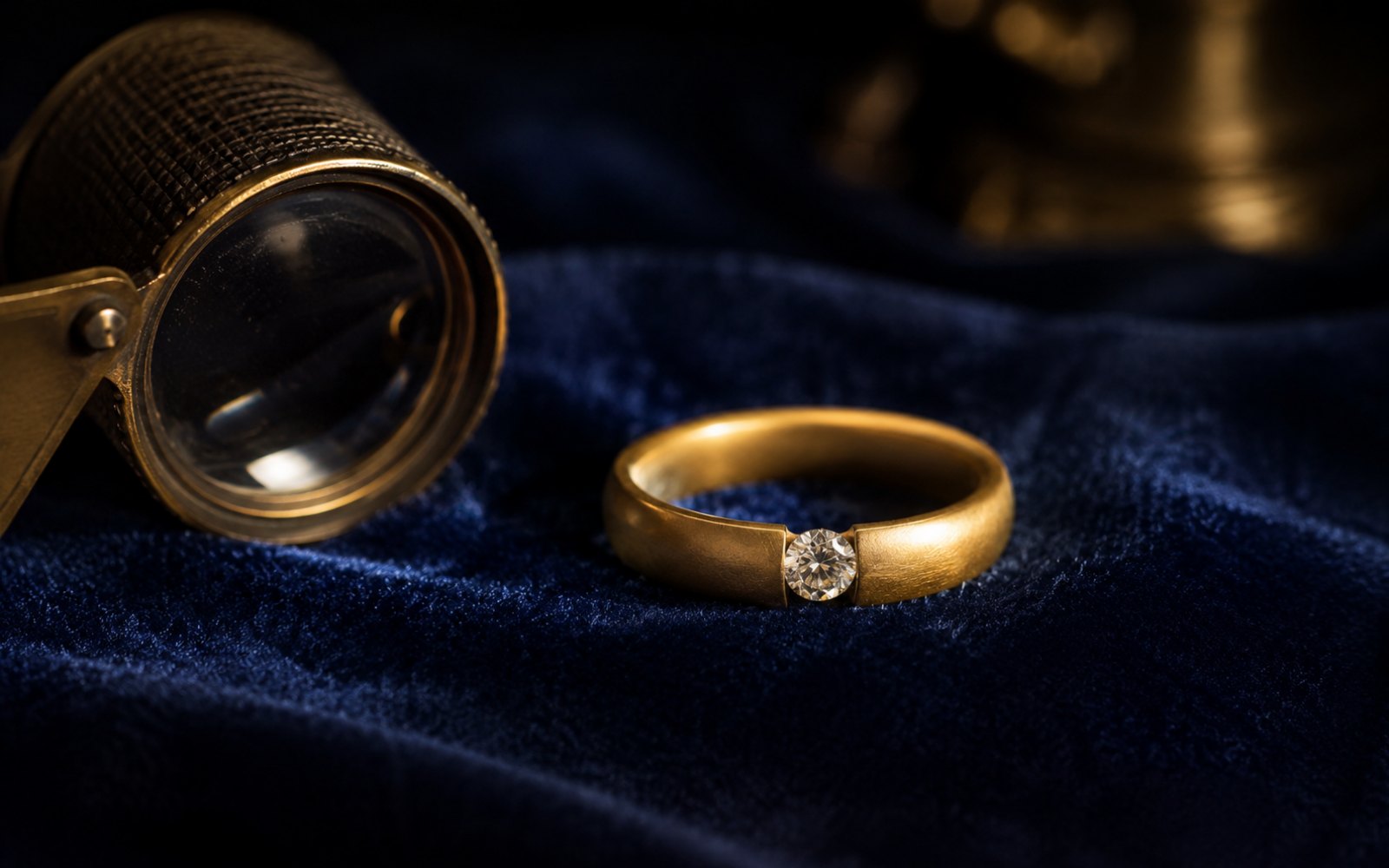 Niessing Spannring mit schwebendem Brillanten in Gold auf blauem Samt mit Lupe