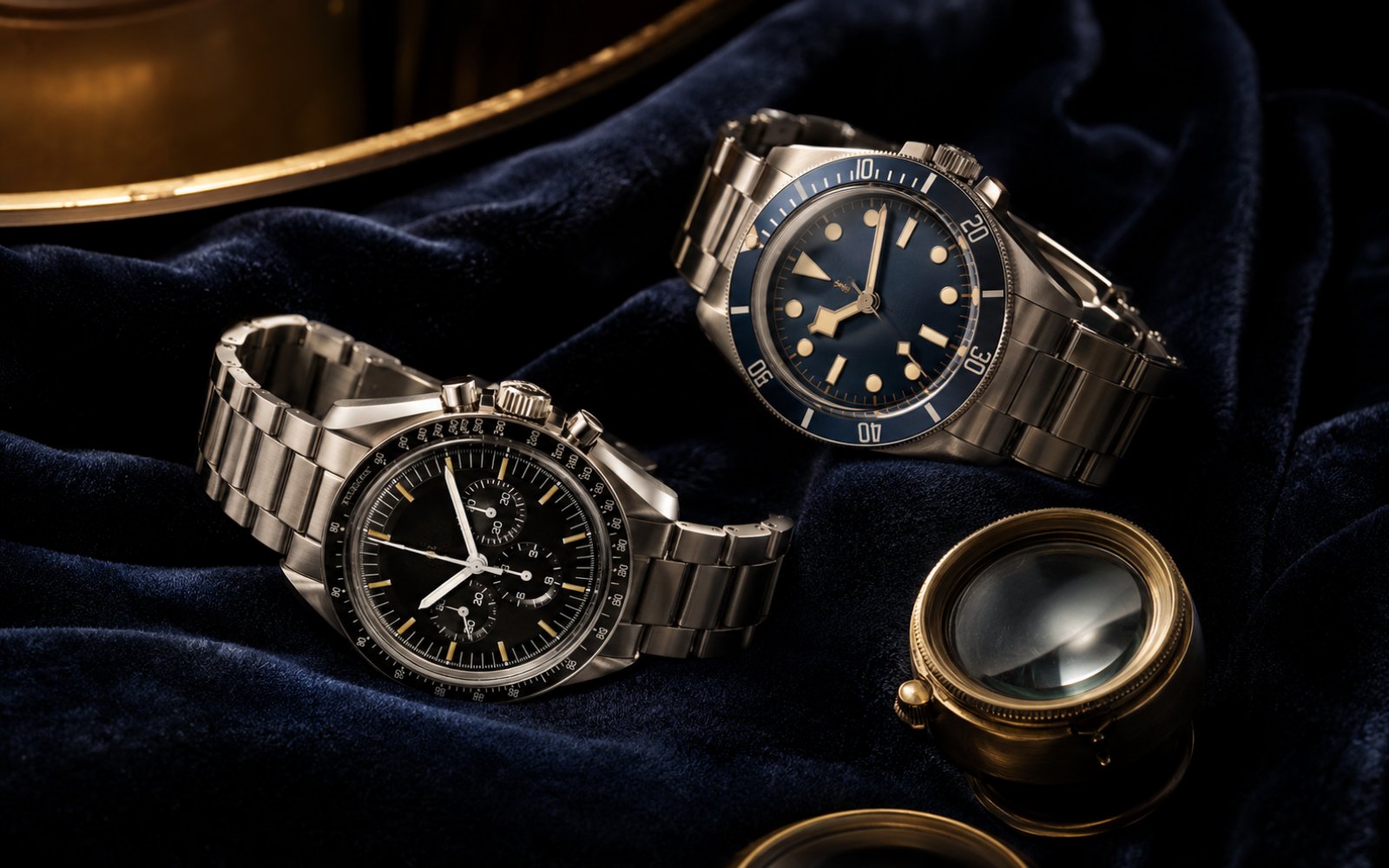 Omega Speedmaster Chronograph und Seamaster Taucheruhr auf blauem Samt mit Lupe
