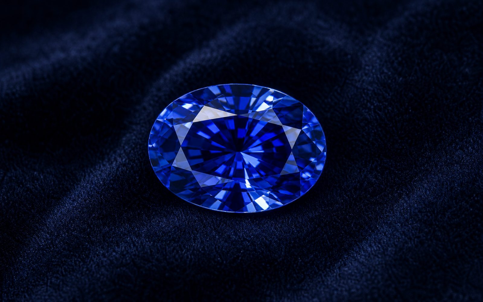 Blauer Saphir im Ovalschliff auf dunkelblauem Samt