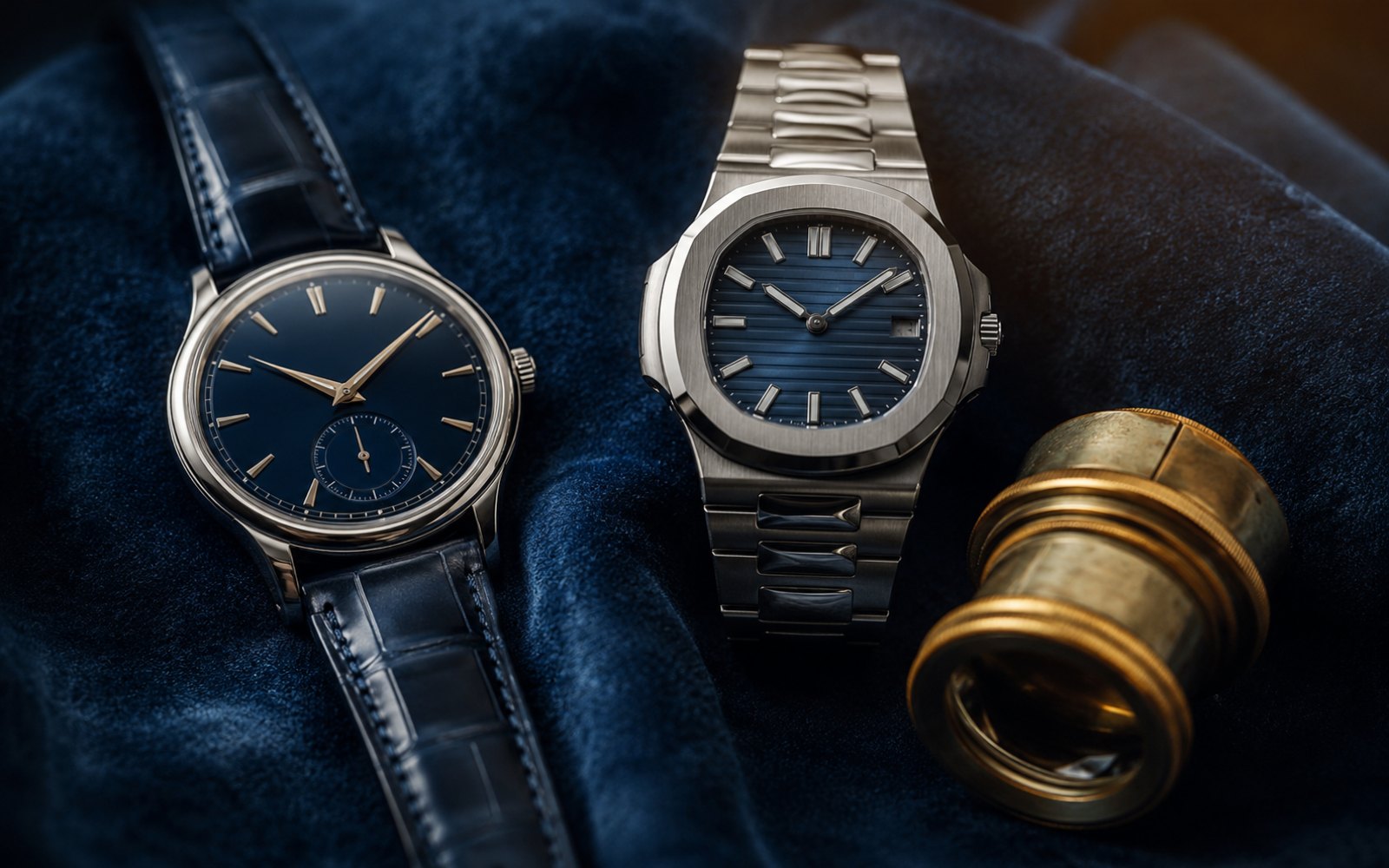 Patek Philippe Calatrava und Nautilus mit blauem Zifferblatt auf blauem Samt mit Lupe