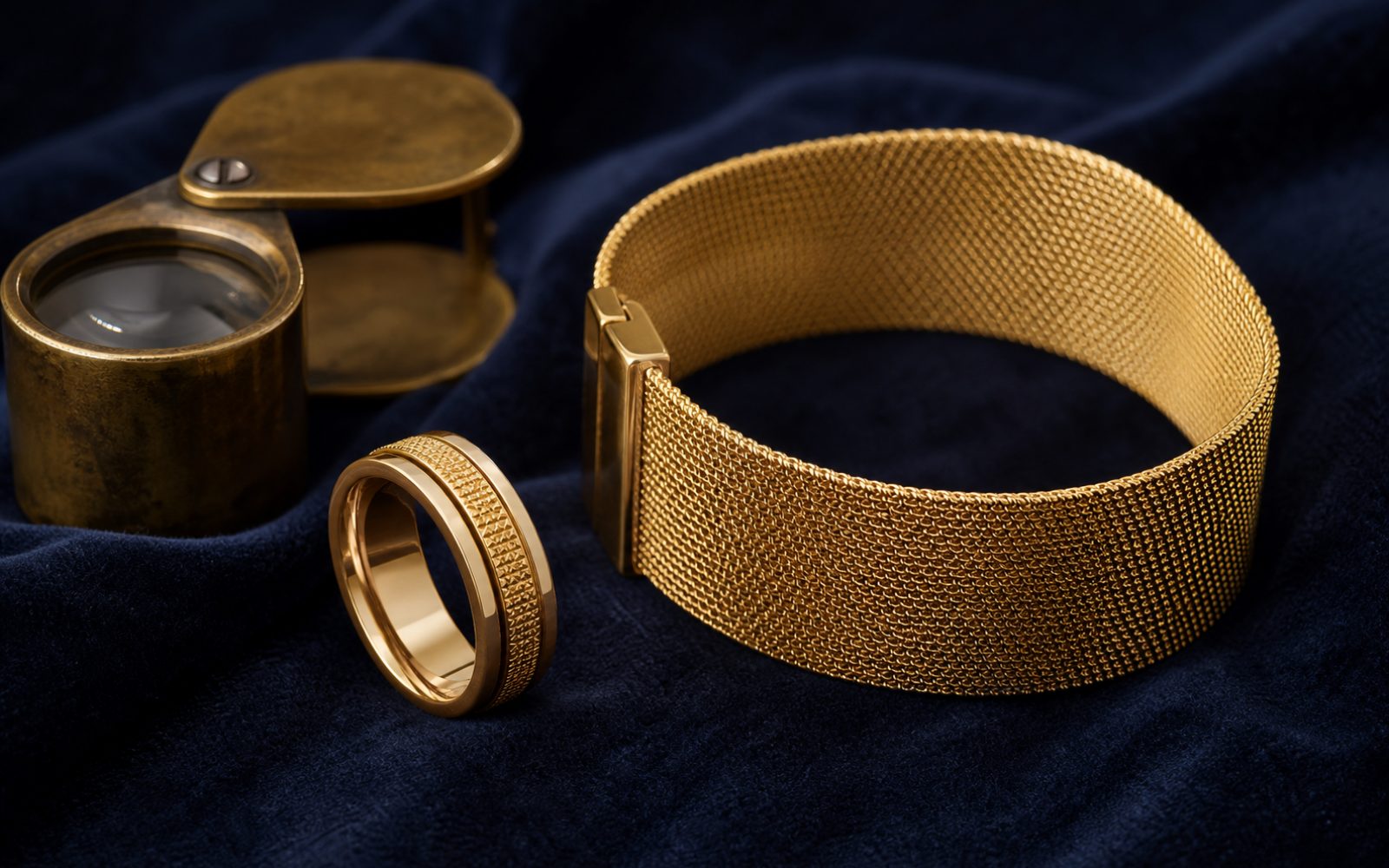 Piaget Possession-Ring und Goldgeflecht-Manschette in Gold auf blauem Samt mit Lupe