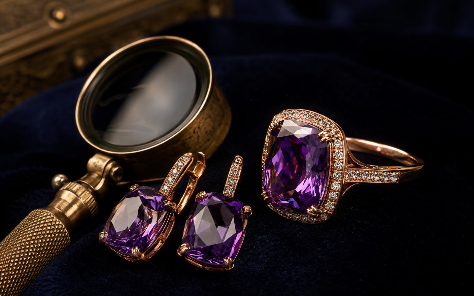 Pomellato Ring und Ohrringe mit Amethyst in Ros&eacute;gold auf blauem Samt mit Lupe