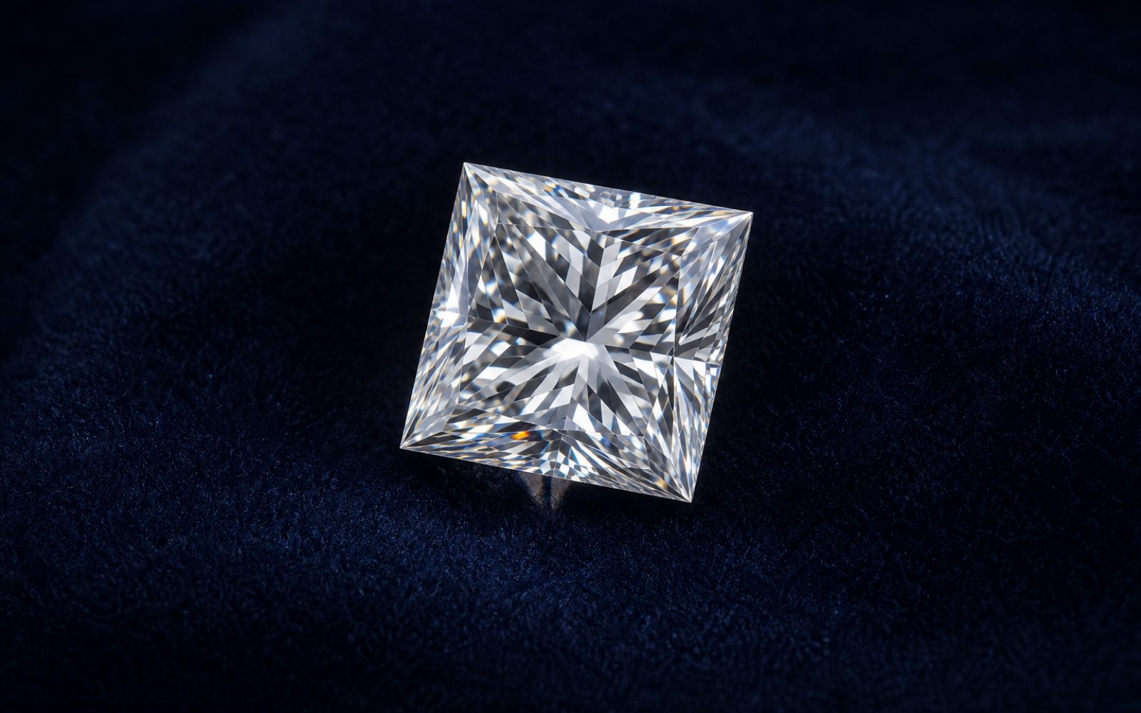 Quadratischer Diamant im Princess-Schliff auf dunkelblauem Samt