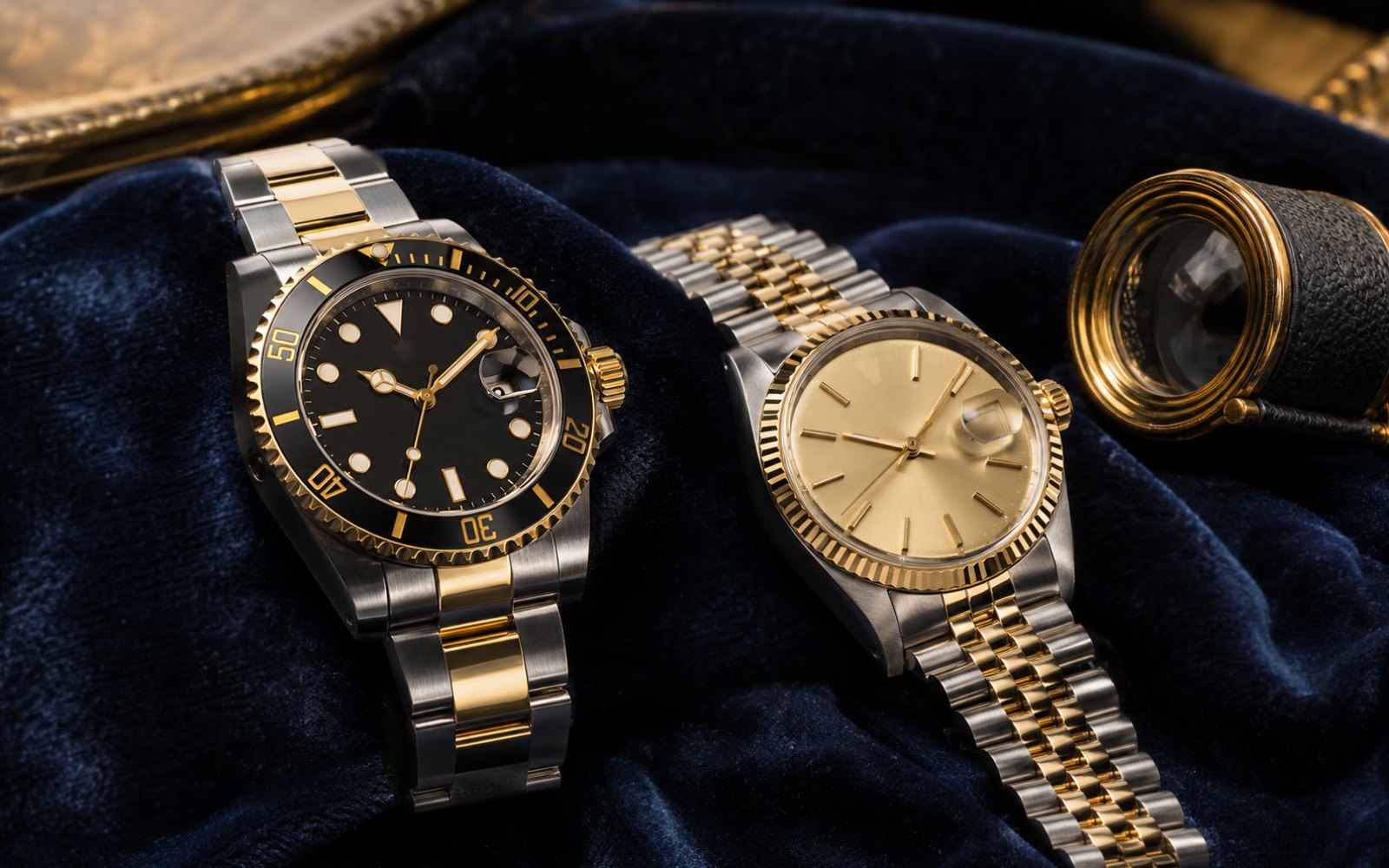 Rolex Submariner und Datejust in Stahl-Gold auf blauem Samt mit Lupe