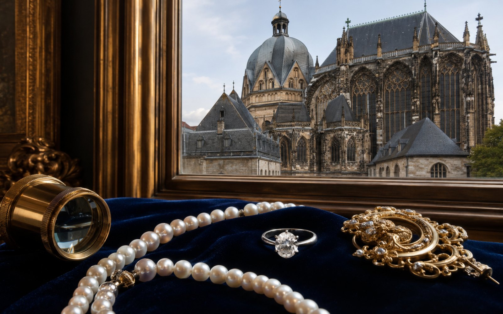 Brillantcollier, antike Goldbrosche und Markenschmuck mit Cartier-Punze auf dunklem Samt-Tableau in einem Aachener Altbau im Pontviertel, Bewertungs-Lupe daneben, Tageslicht durch Sprossenfenster.