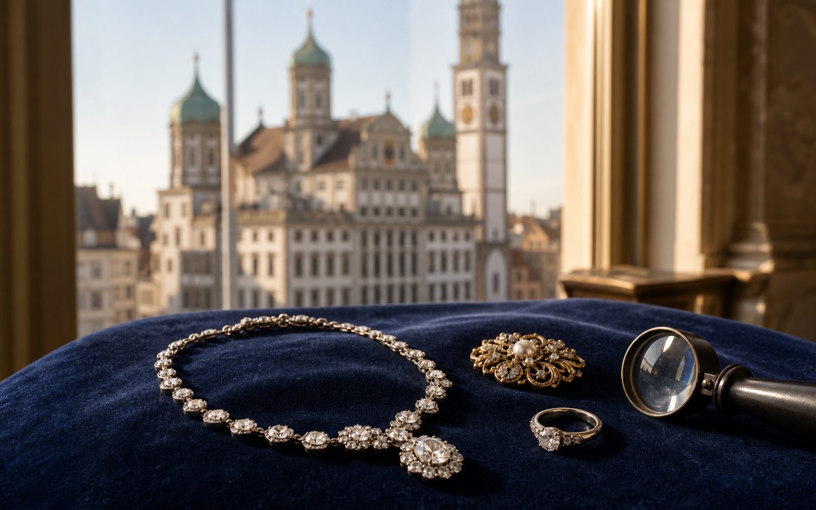 Brillantcollier, antike Goldbrosche und Markenschmuck mit Cartier-Punze auf dunklem Samt-Tableau in einem Augsburger Altbau im Lechviertel, Bewertungslupe und Tageslicht durch hohe Sprossenfenster.