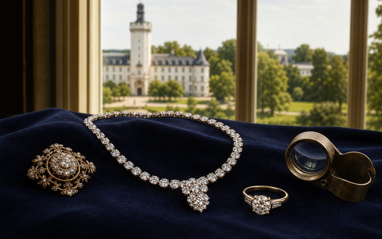 Brillantcollier, antike Goldbrosche und Markenschmuck mit Cartier-Punze auf dunklem Samt-Tableau in einer Bad Homburger Villa im Kurpark-Viertel, Bewertungslupe daneben, Tageslicht durch hohe Fenster.