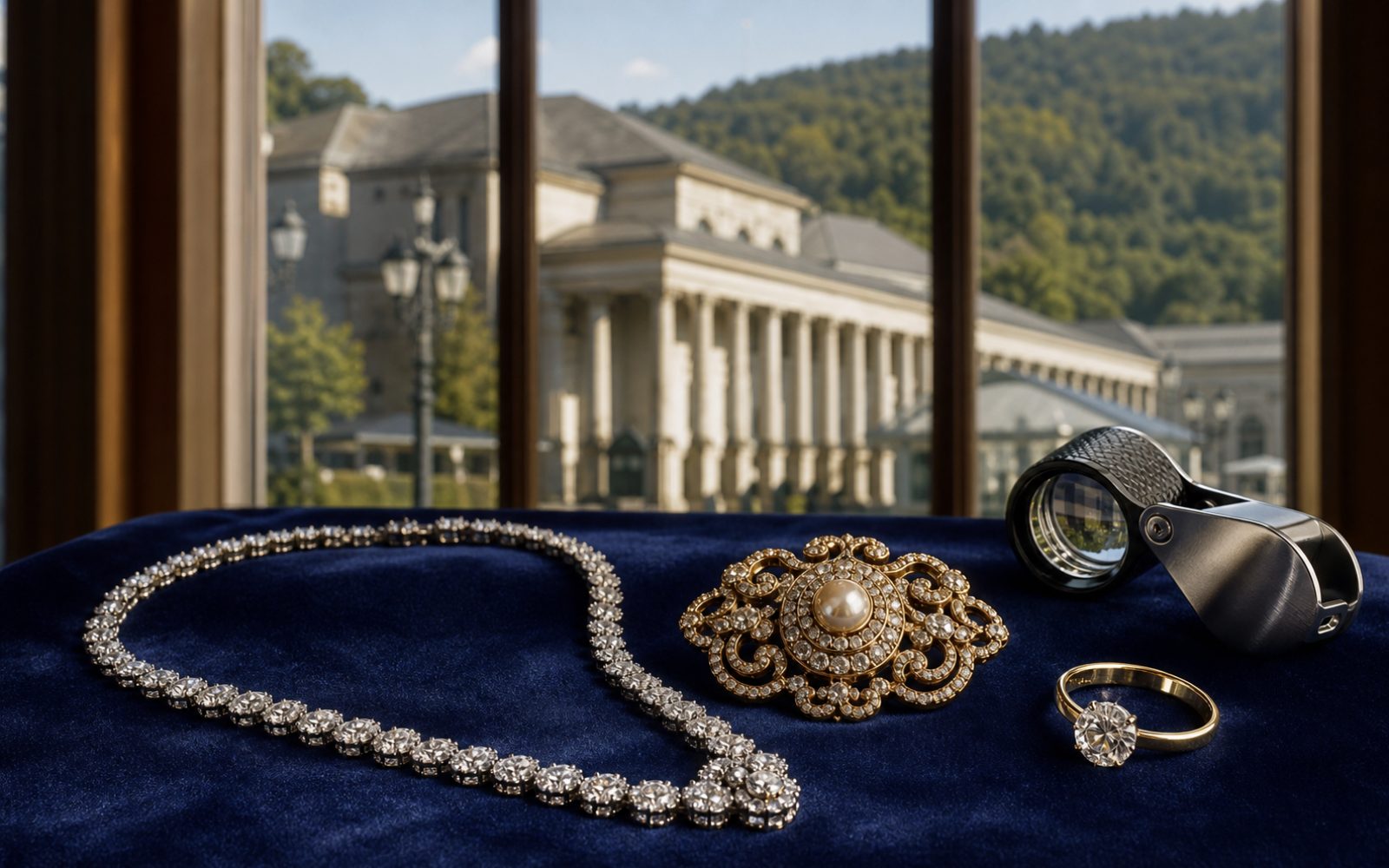Brillantcollier, antike Goldbrosche und Markenschmuck mit Van-Cleef-Punze auf dunklem Samt-Tableau in einer Baden-Badener Villa in Lichtental, Bewertungslupe und Tageslicht durch hohe Fenster.