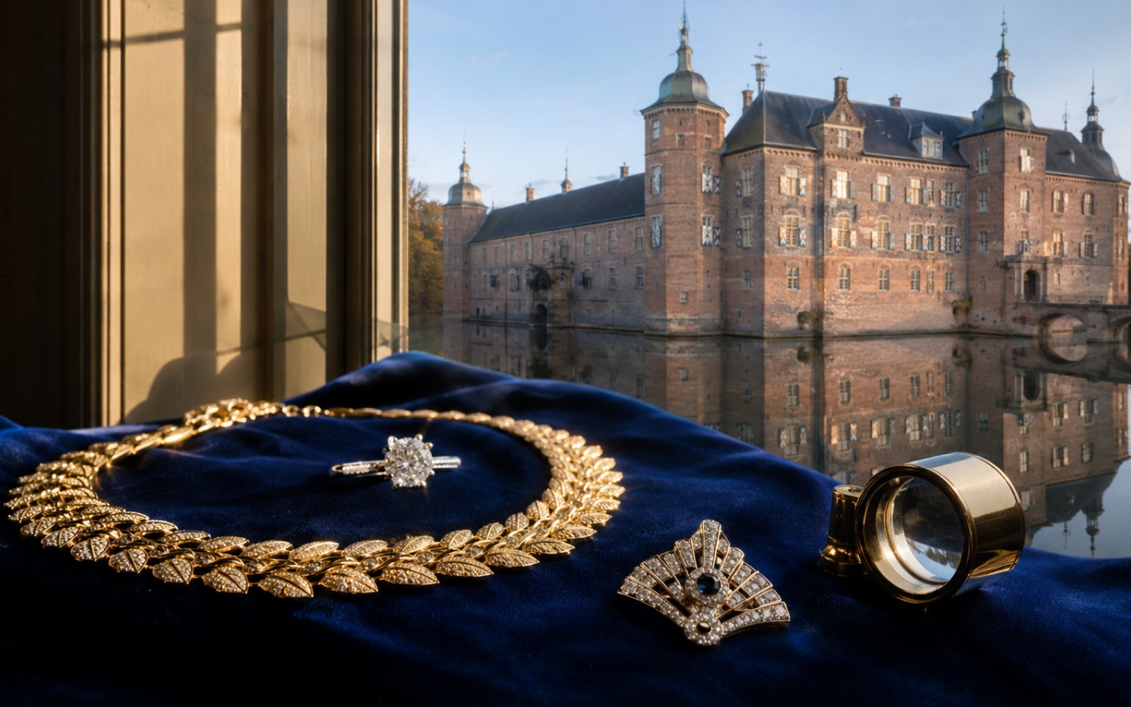 Brillant-Verlobungsring, antike Goldbrosche und Markenschmuck mit Wempe-Punze auf dunklem Samt in einem Bedburger Haus nahe dem Schloss an der Erft, Bewertungslupe und Tageslicht.