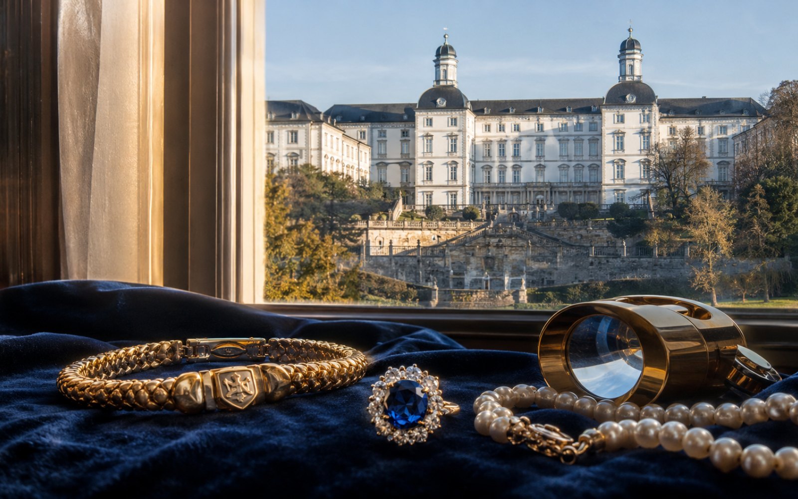 Brillantcollier, antike Goldbrosche und Markenschmuck mit Cartier-Punze auf dunklem Samt-Tableau in einer Bensberger Villa nahe Schloss Bensberg, Bewertungs-Lupe daneben, Tageslicht durch hohe Fenster.