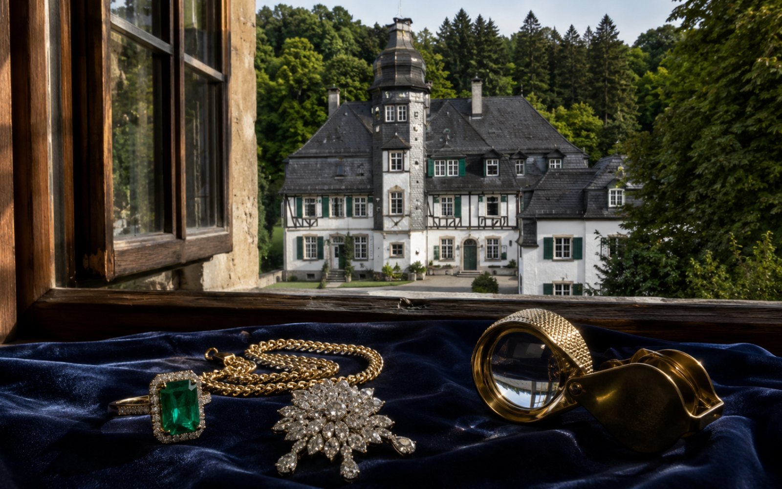 Brillant-Verlobungsring, antike Goldbrosche und Markenschmuck mit Wempe-Punze auf dunklem Samt-Tableau in einem Bergisch Gladbacher Altbau in Heidkamp, Bewertungslupe und Tageslicht.