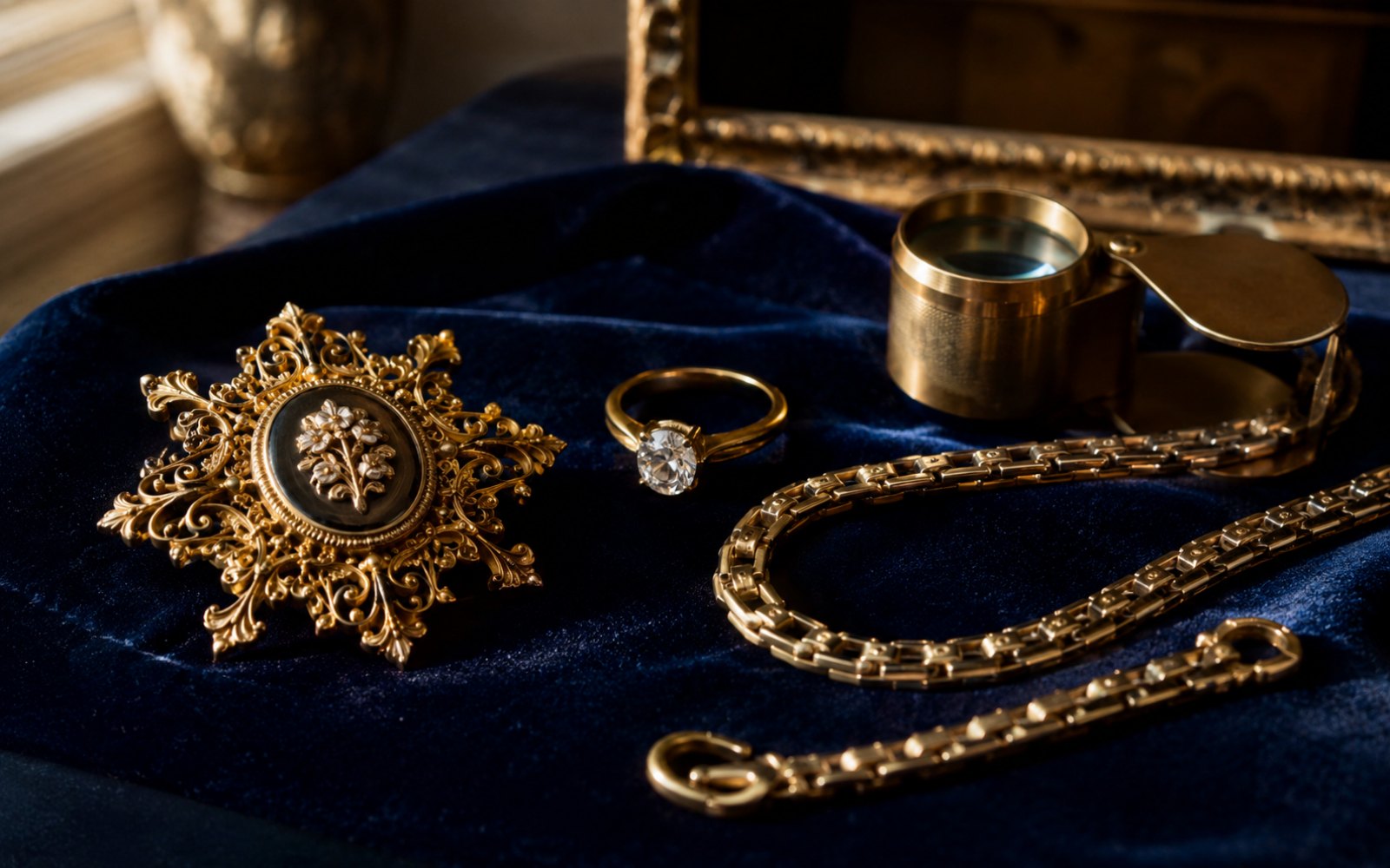Gründerzeit-Brosche, Brillantring und Vintage-Goldkette auf Samt-Tableau in einem Bochumer Altbau im Ehrenfeld, Lupe und Tageslicht.