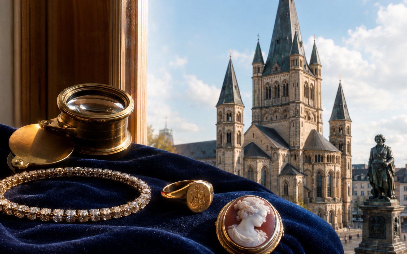 Brillantcollier, antike Goldbrosche und Markenschmuck mit Cartier-Punze auf dunklem Samt-Tableau in einer Bonner Villa in Bad Godesberg, Bewertungs-Lupe daneben, Tageslicht durch hohe Altbaufenster.